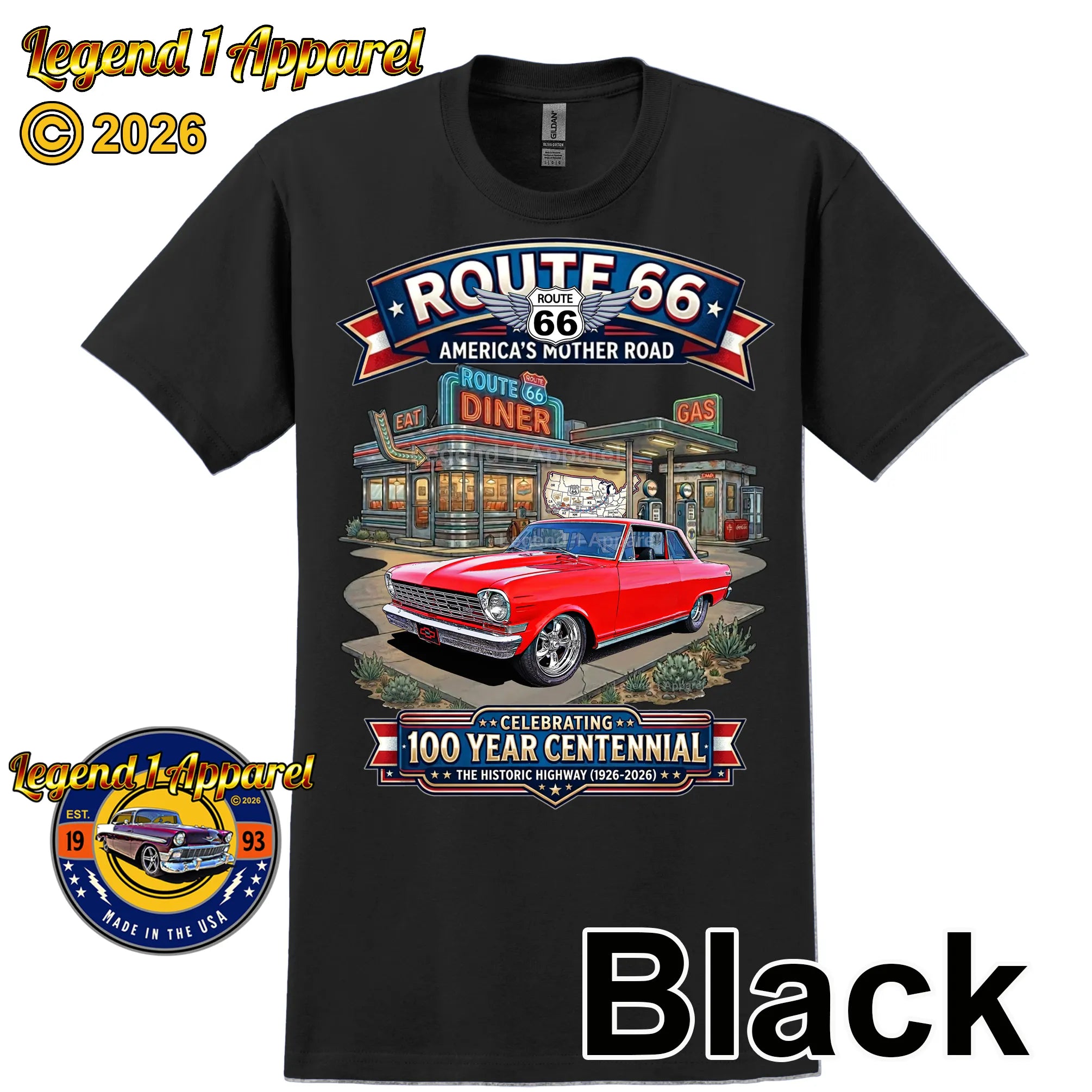 1964 Chevrolet Nova SS Classic Car Graphic Tee – Route 66 Centennial T-Shirt