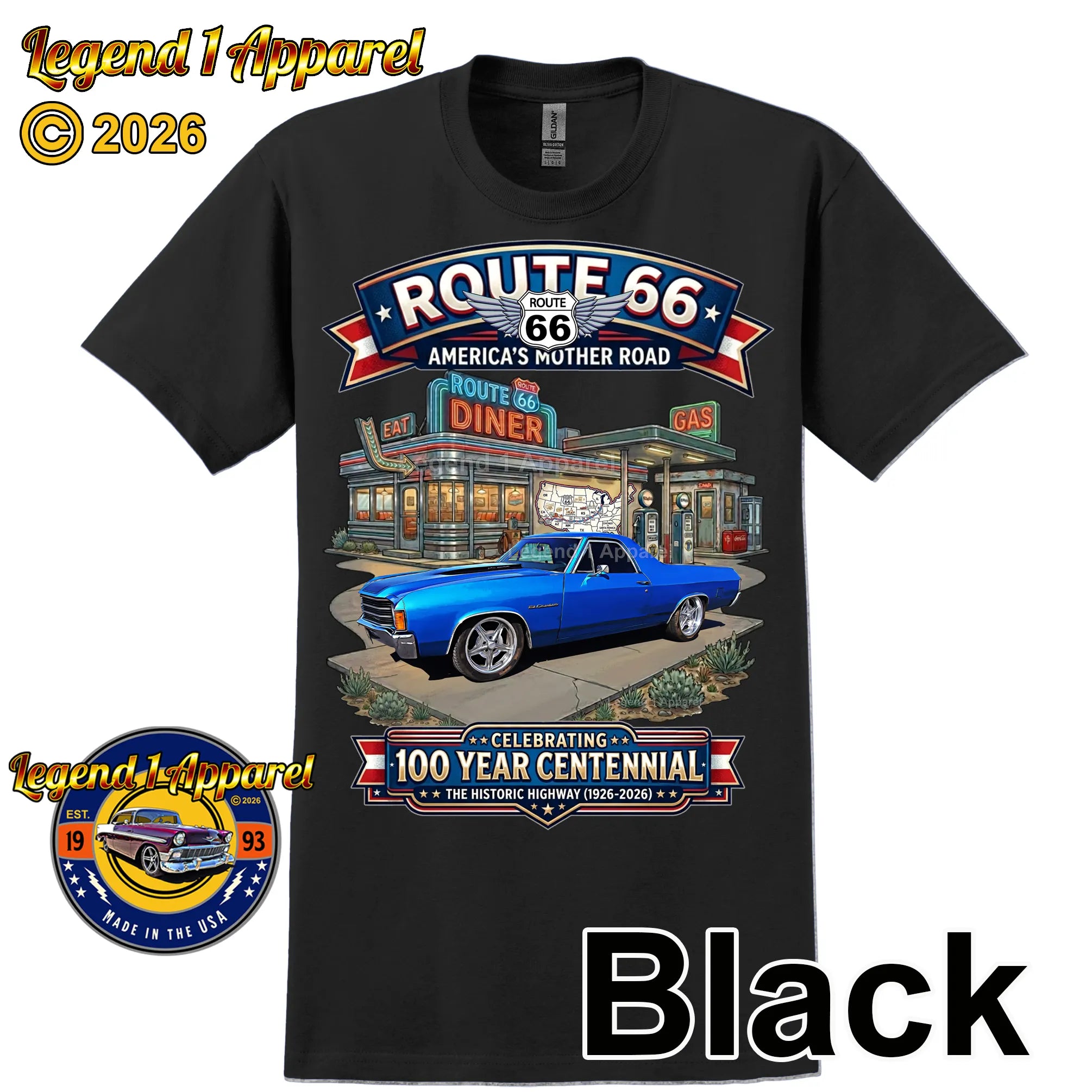 1972 Chevrolet El Camino SS Classic Truck Graphic Tee – Route 66 Centennial T-Shirt