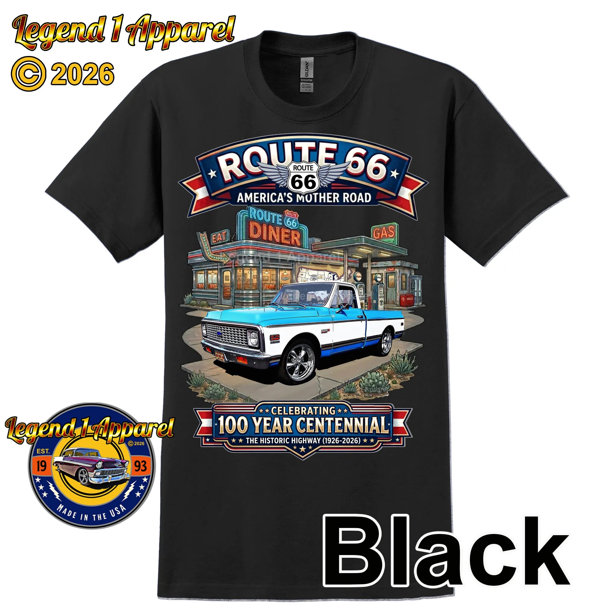 1972 Chevrolet Pick Up C10 Square Body Classic Truck Graphic Tee – Route 66 Centennial T-Shirt