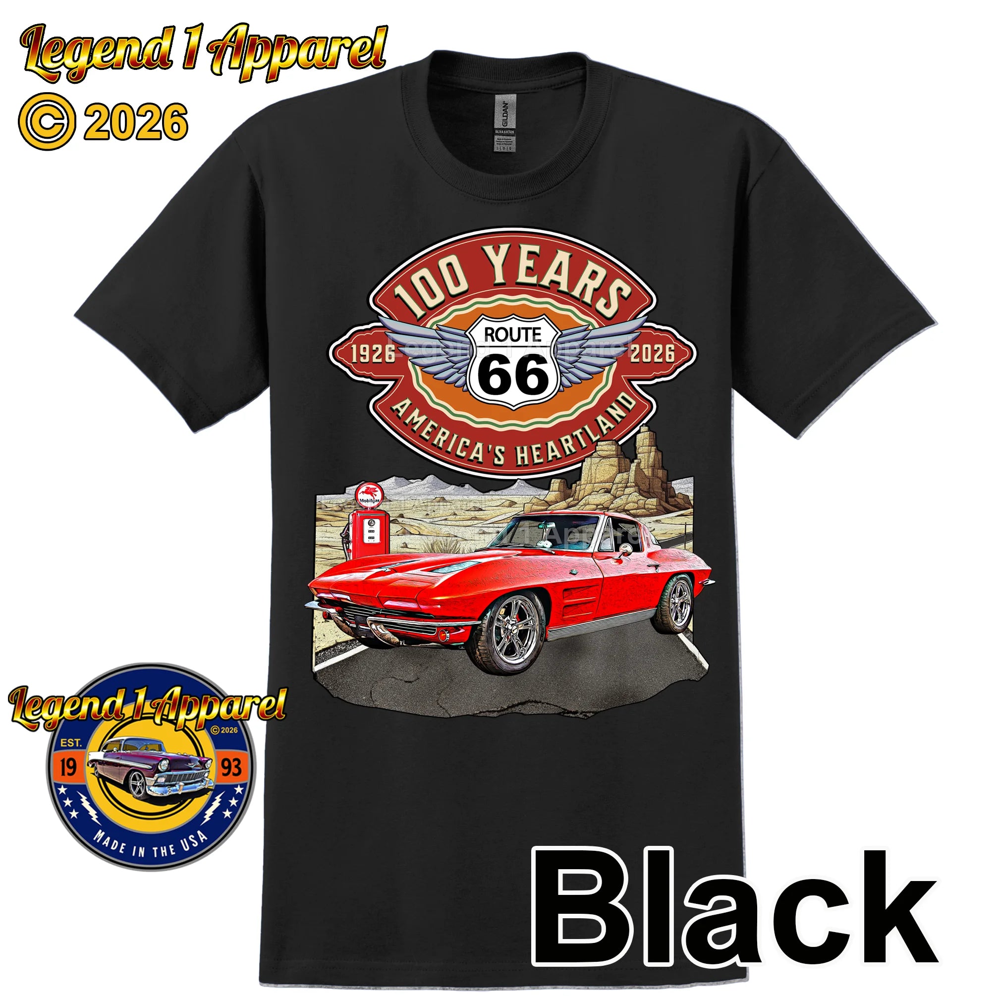 1963 Chevrolet Corvette C2 Classic Car Graphic Tee – Route 66 100 Years T-Shirt