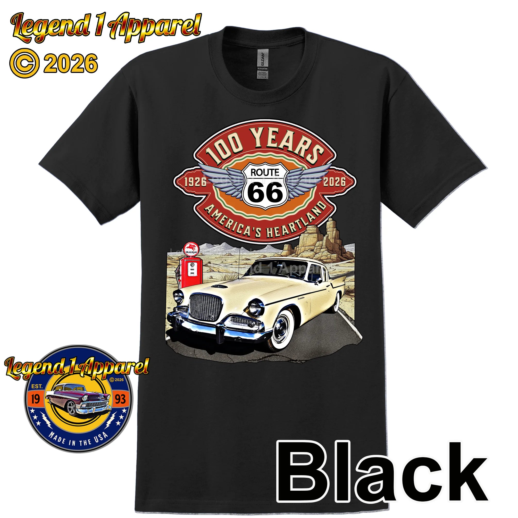 1958 Studebaker Silver Hawk Classic Car Graphic Tee – Route 66 100 Years T-Shirt