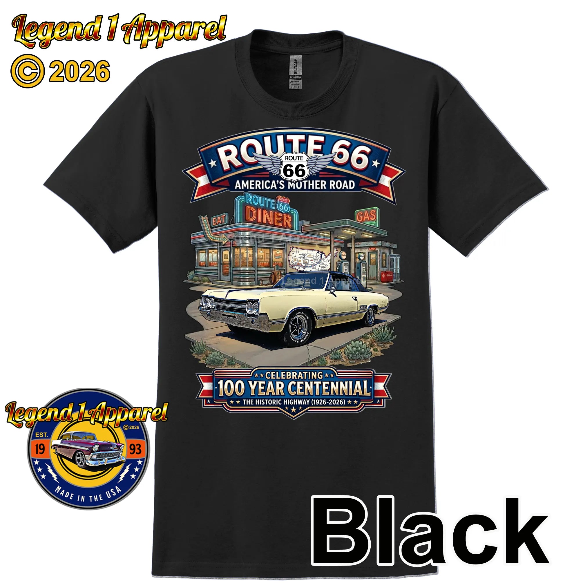 1965 Oldsmobile Cutlass 442 Classic Car Graphic Tee – Route 66 Centennial T-Shirt