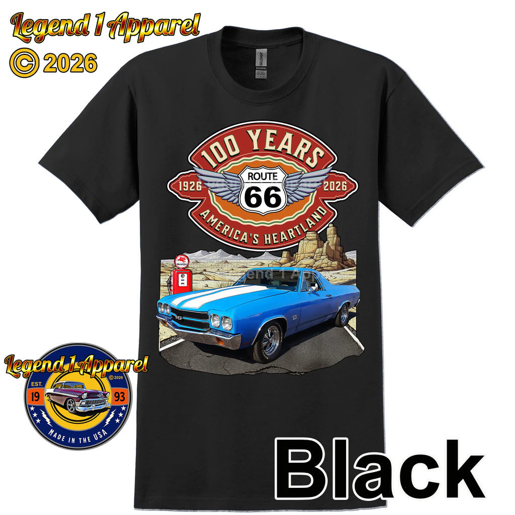 1970 Chevrolet El Camino Classic Truck Graphic Tee – Route 66 100 Years T-Shirt