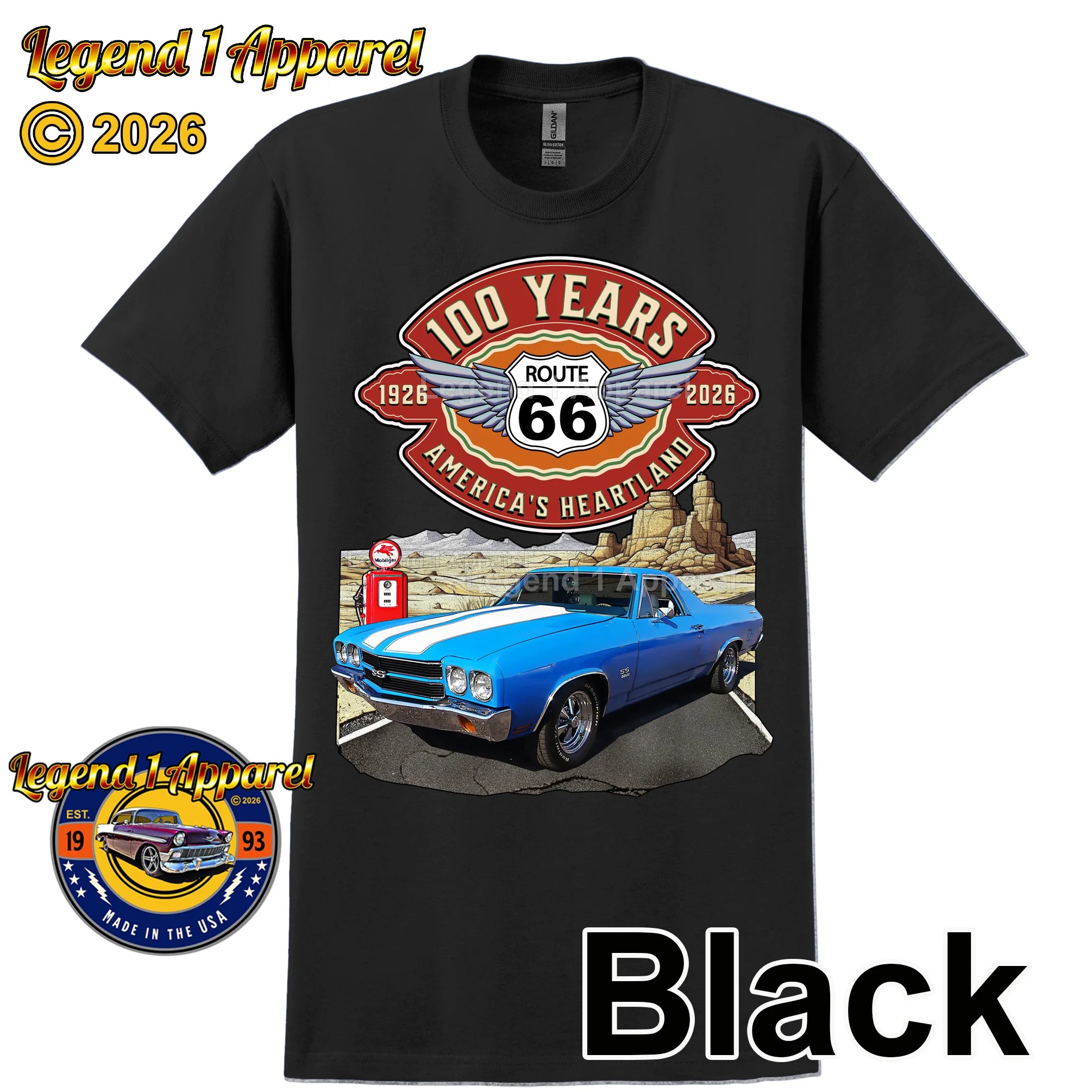 1970 Chevrolet El Camino Classic Truck Graphic Tee – Route 66 100 Years T-Shirt
