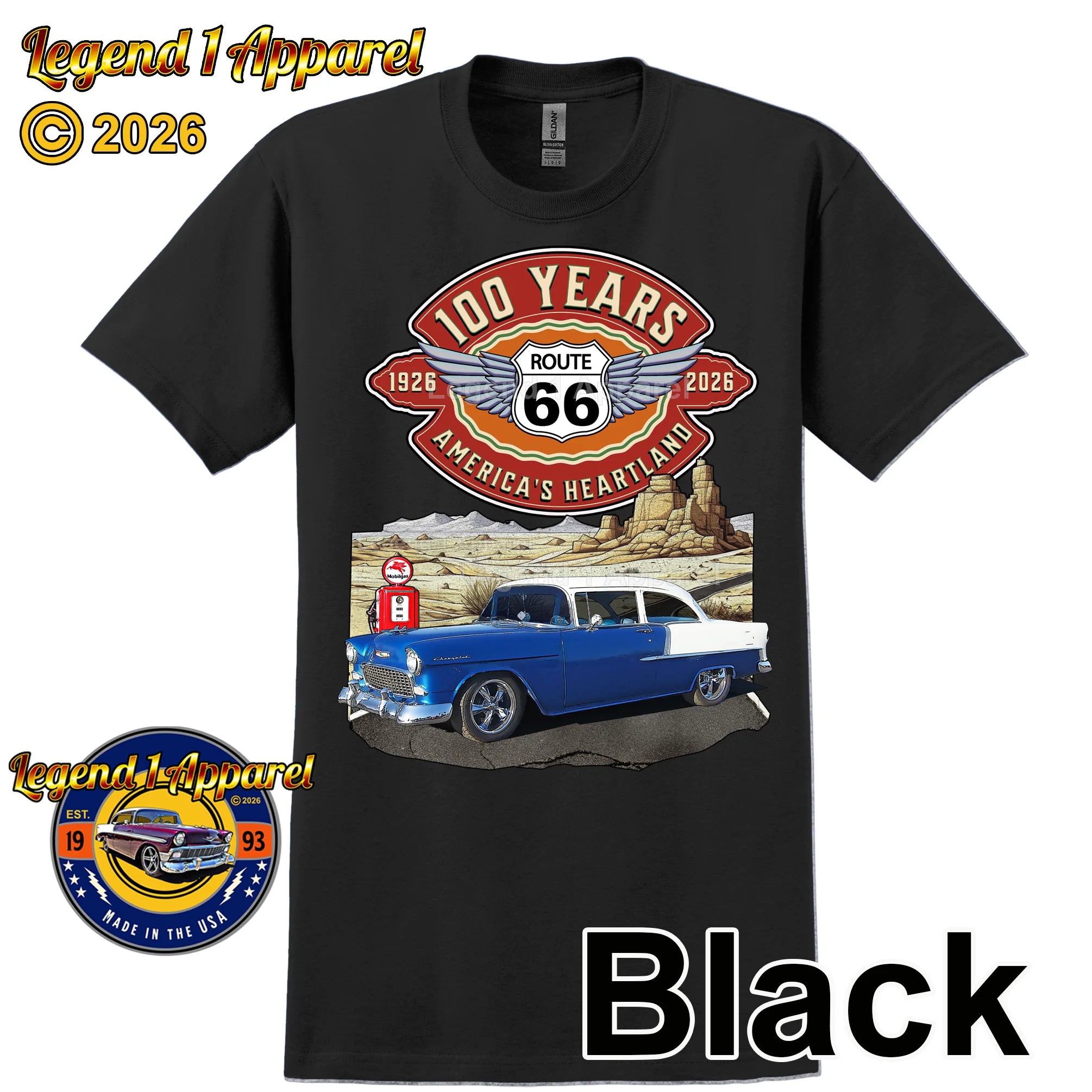 1955 Chevrolet Bel Air Coupe Classic Car Graphic Tee – Route 66 100 Years T-Shirt