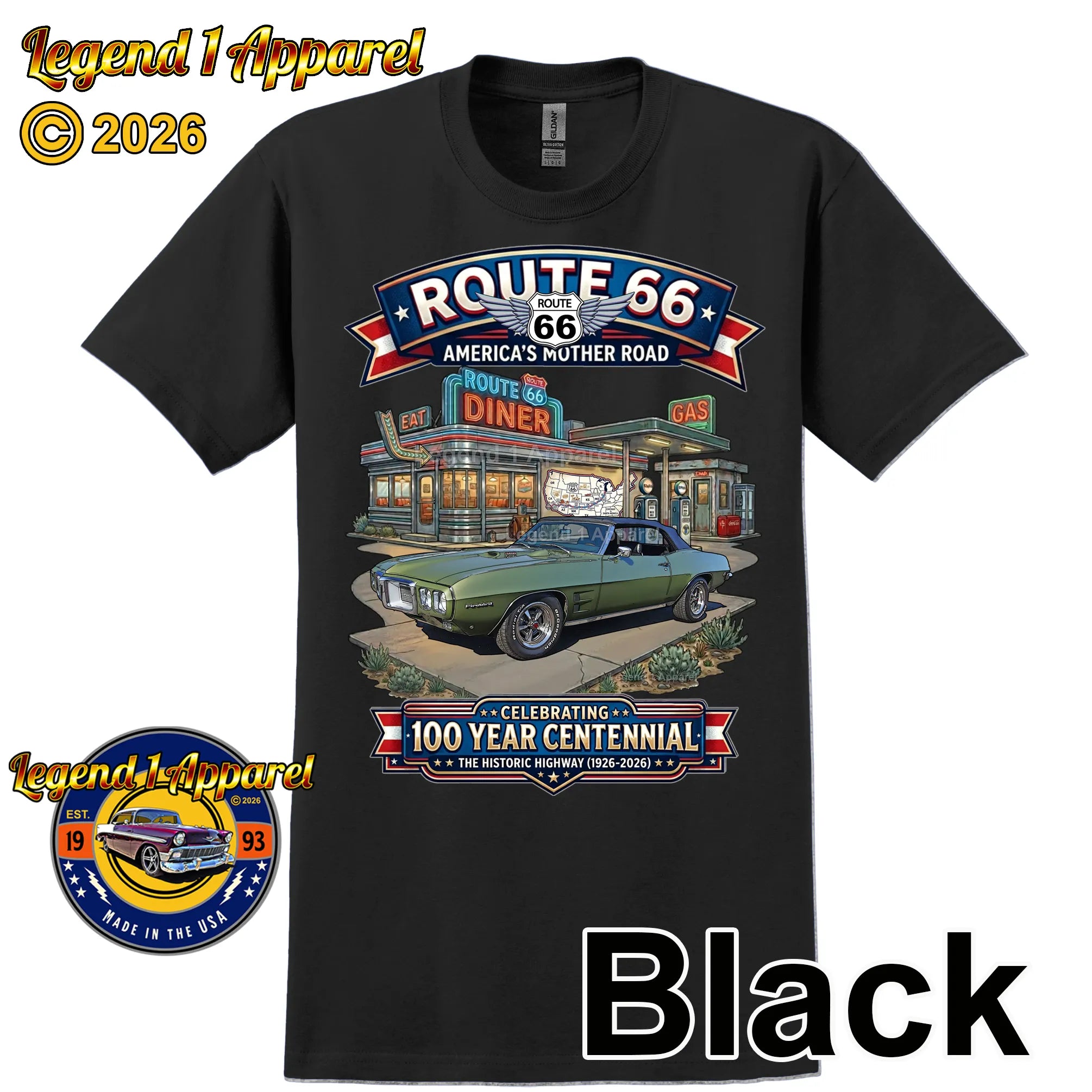 1969 Pontiac Firebird Classic Car Graphic Tee – Route 66 Centennial T-Shirt