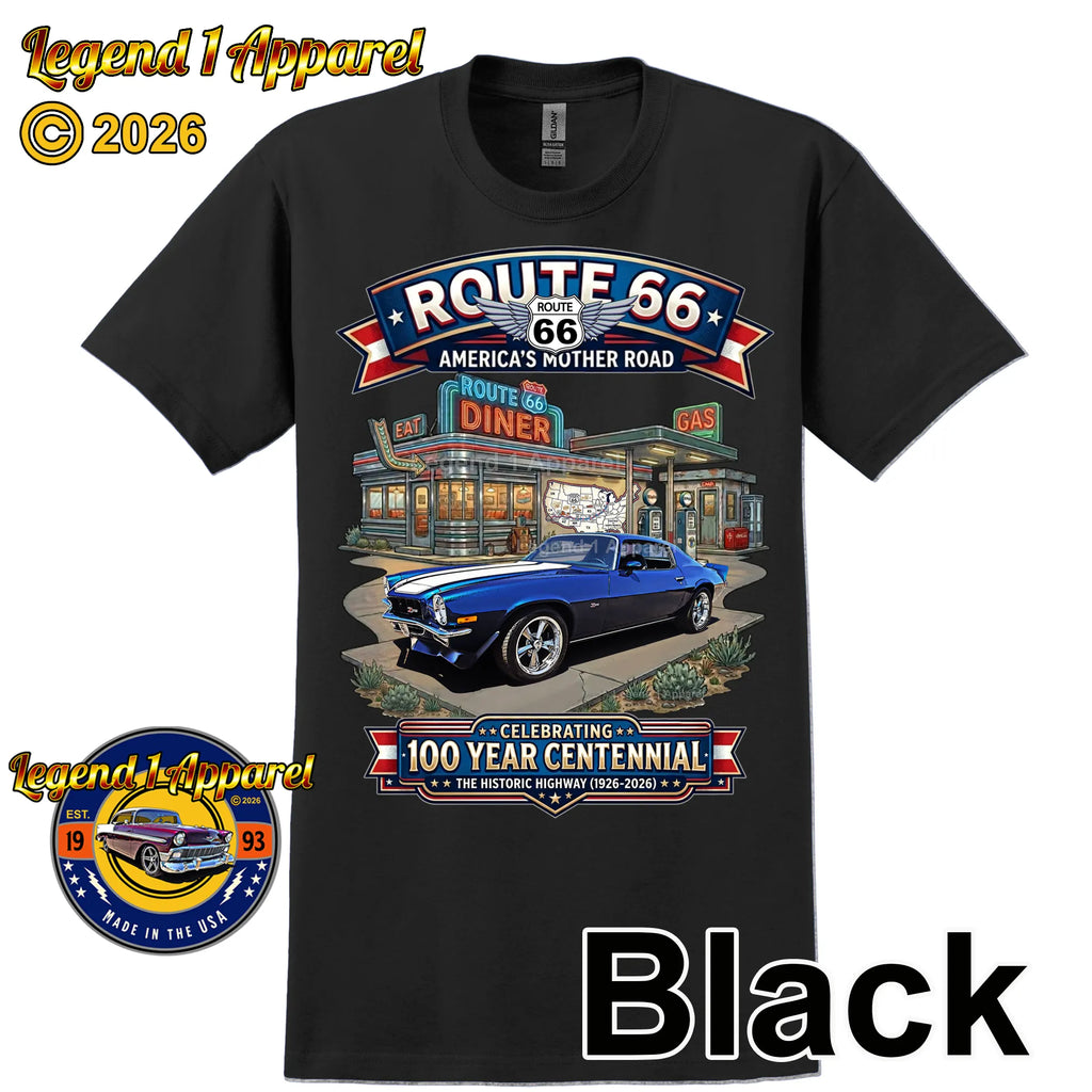 1973 Chevrolet Camaro Classic Car Graphic Tee – Route 66 Centennial T-Shirt