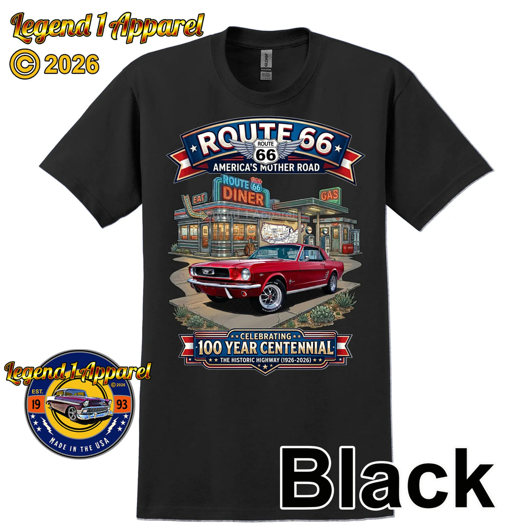 1966 Ford Mustang Hardtop Classic Car Graphic Tee – Route 66 Centennial T-Shirt