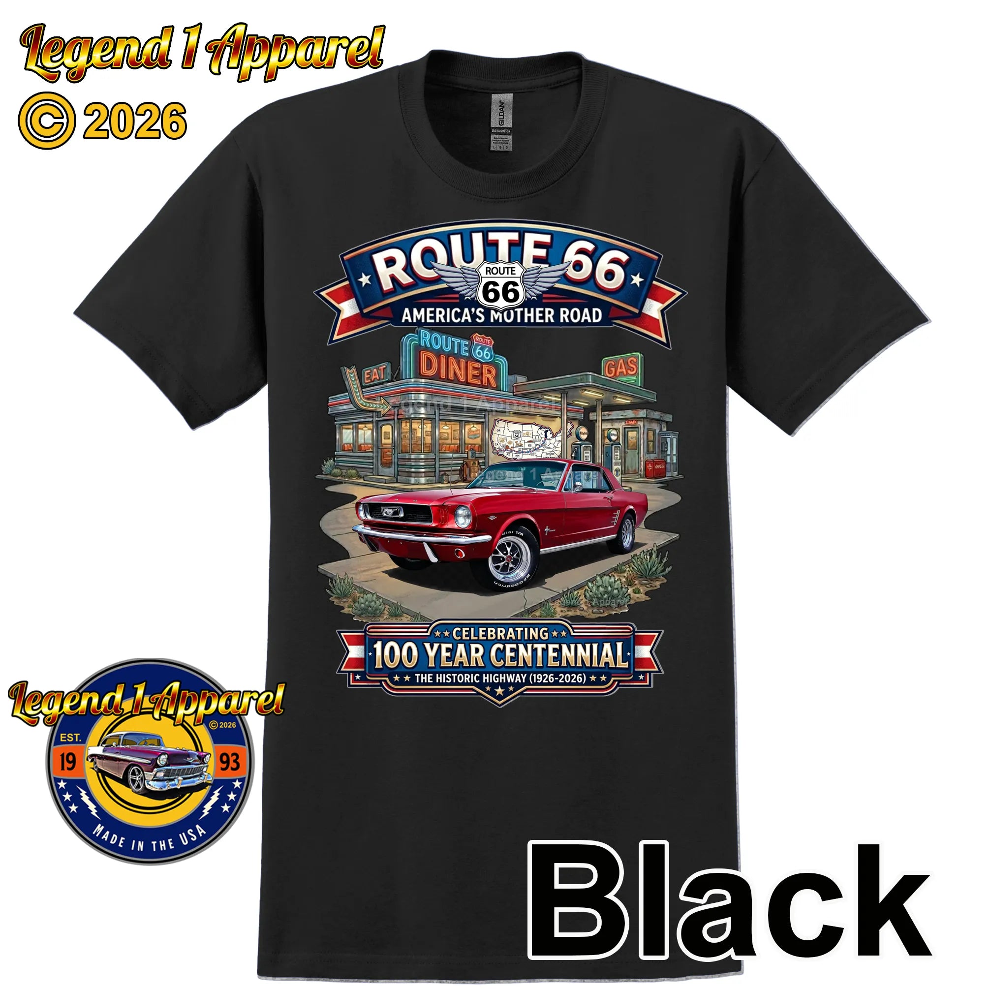 1966 Ford Mustang Hardtop Classic Car Graphic Tee – Route 66 Centennial T-Shirt