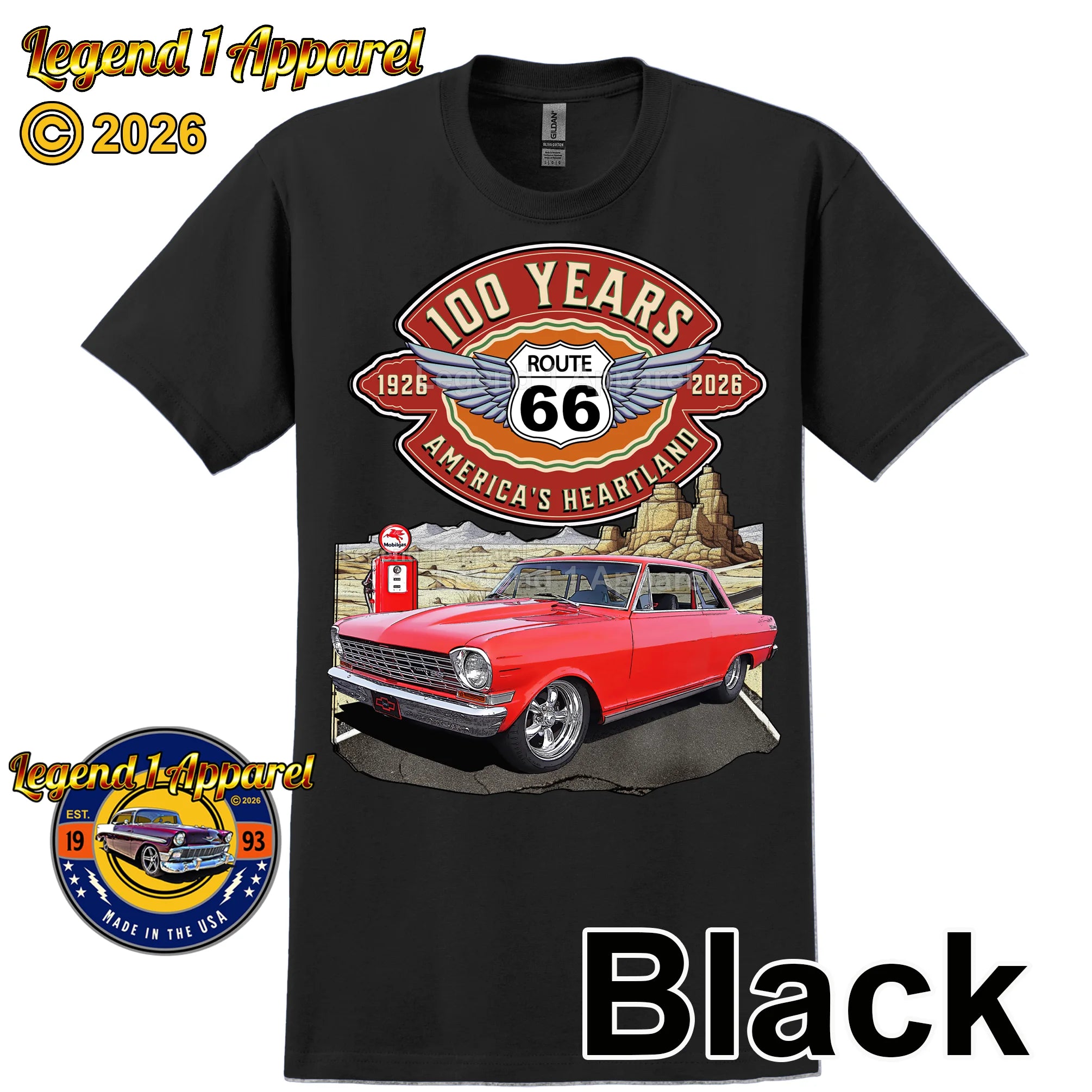 1964 Chevrolet Nova SS Classic Car Graphic Tee – Route 66 100 Years T-Shirt