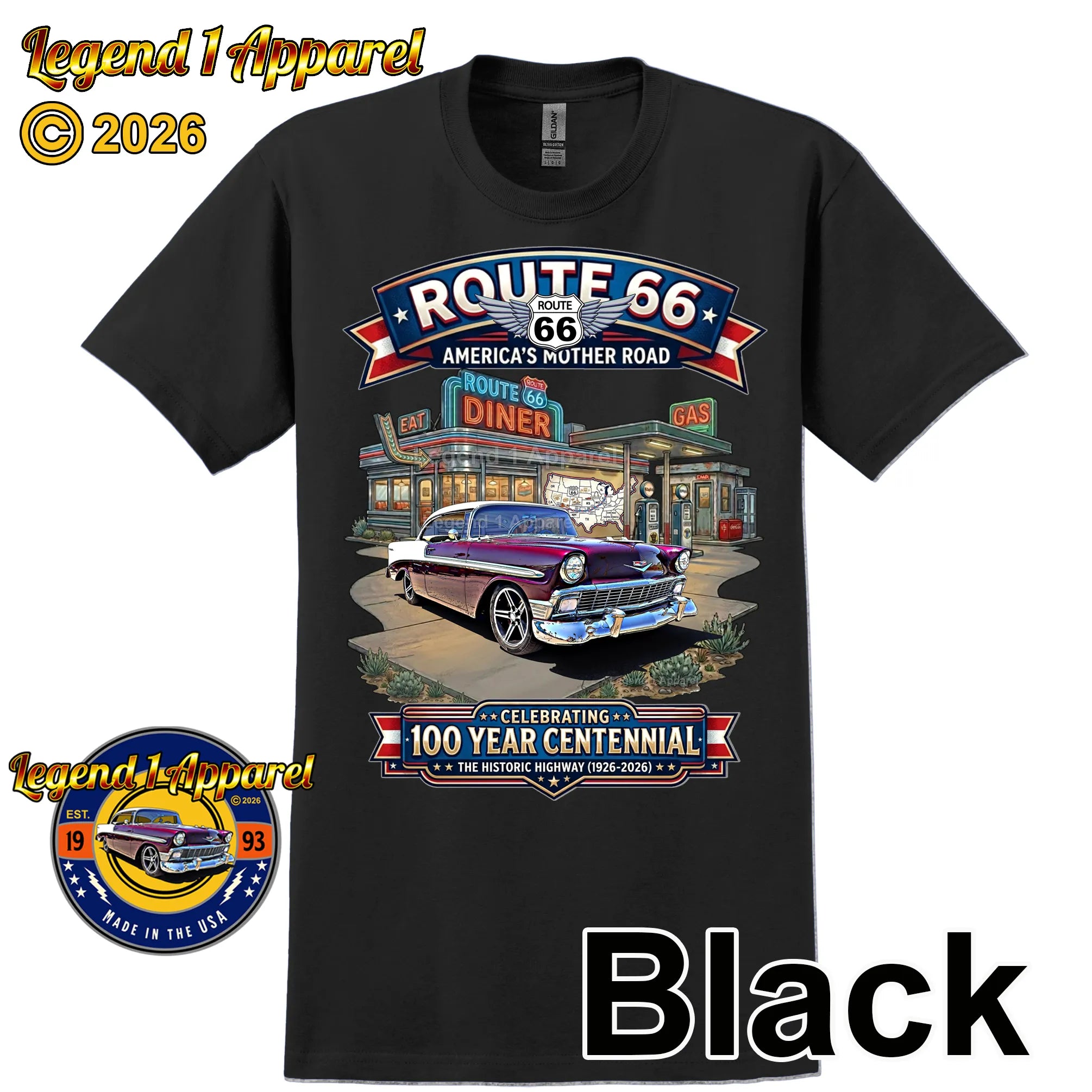 1956 Chevrolet Bel Air Coupe Classic Car Graphic Tee – Route 66 Centennial T-Shirt