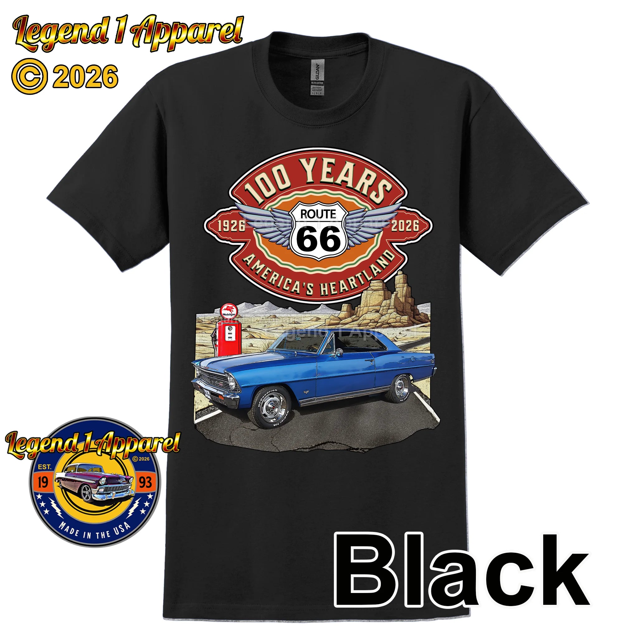 1967 Chevrolet Nova SS Classic Car Graphic Tee – Route 66 100 Years T-Shirt