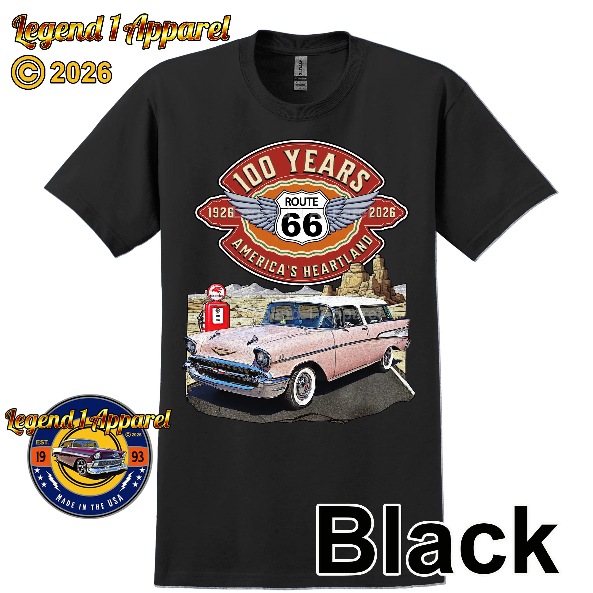 1957 Chevrolet Bel Air Nomad Classic Car Graphic Tee – Route 66 100 Years T-Shirt