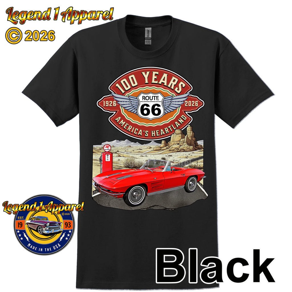 1963 Chevrolet Corvette C2 Classic Car Graphic Tee – Route 66 100 Years T-Shirt