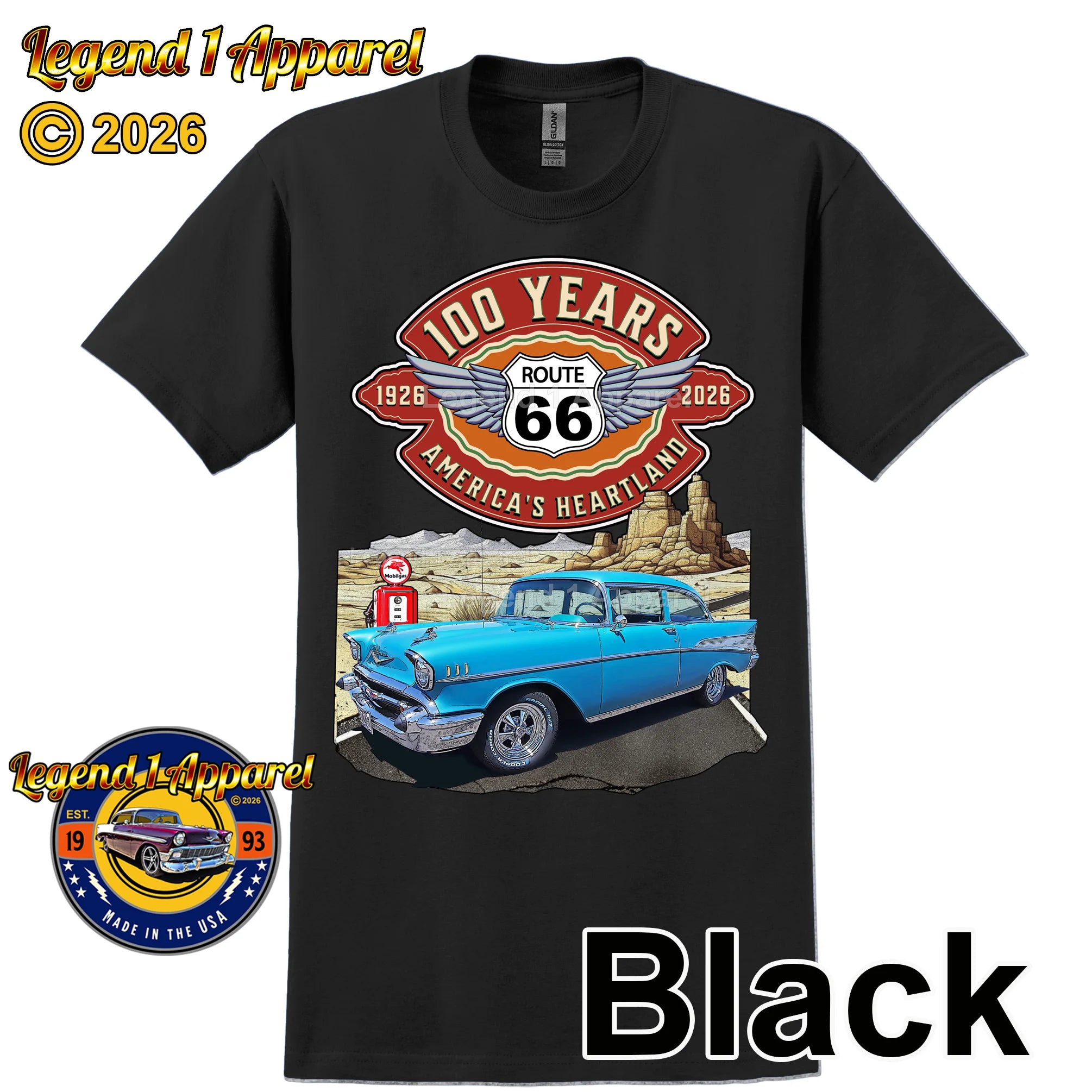1957 Chevrolet Bel Air Coupe Classic Car Graphic Tee – Route 66 100 Years T-Shirt