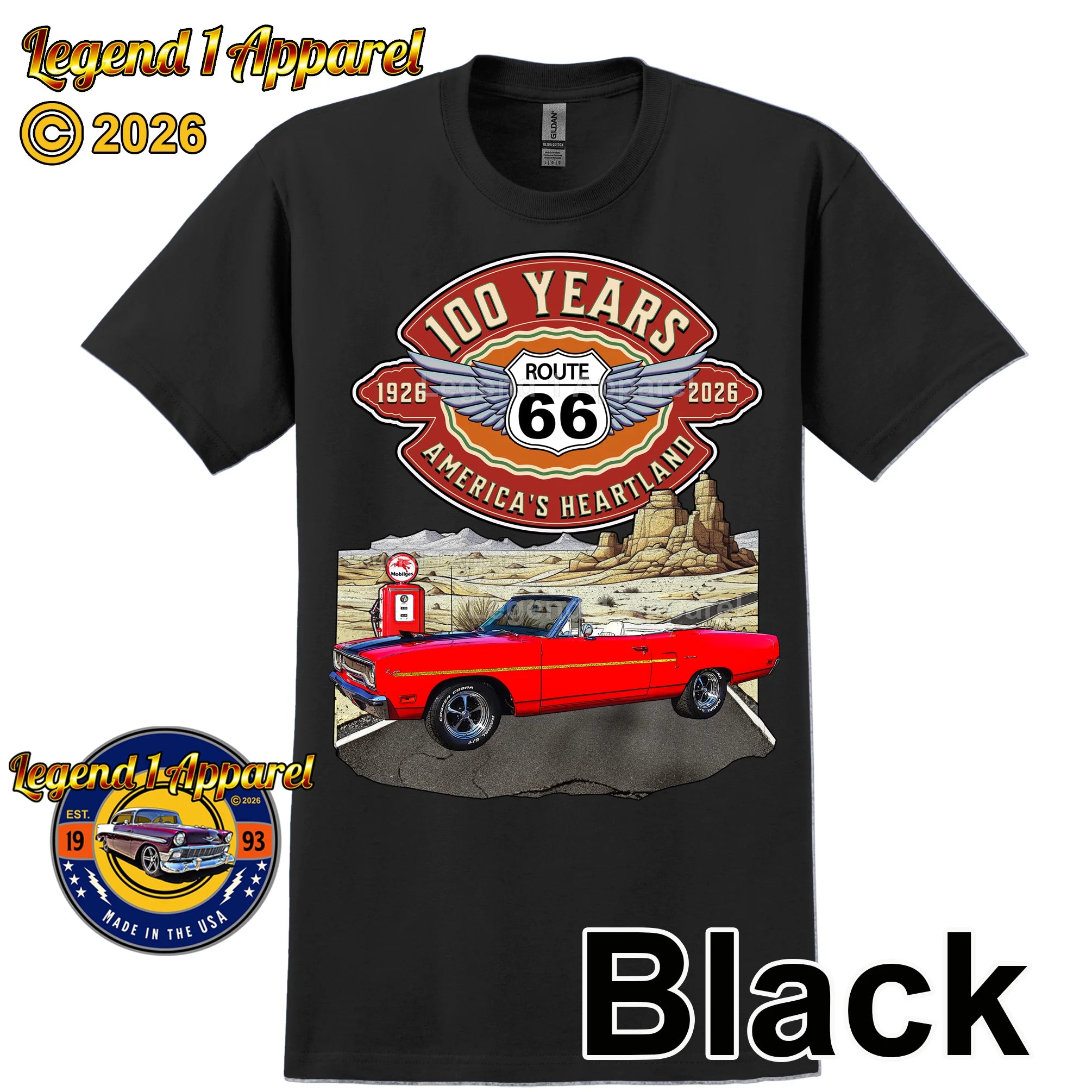 1970 Plymouth RoadRunner Classic Car Graphic Tee – Route 66 100 Years T-Shirt