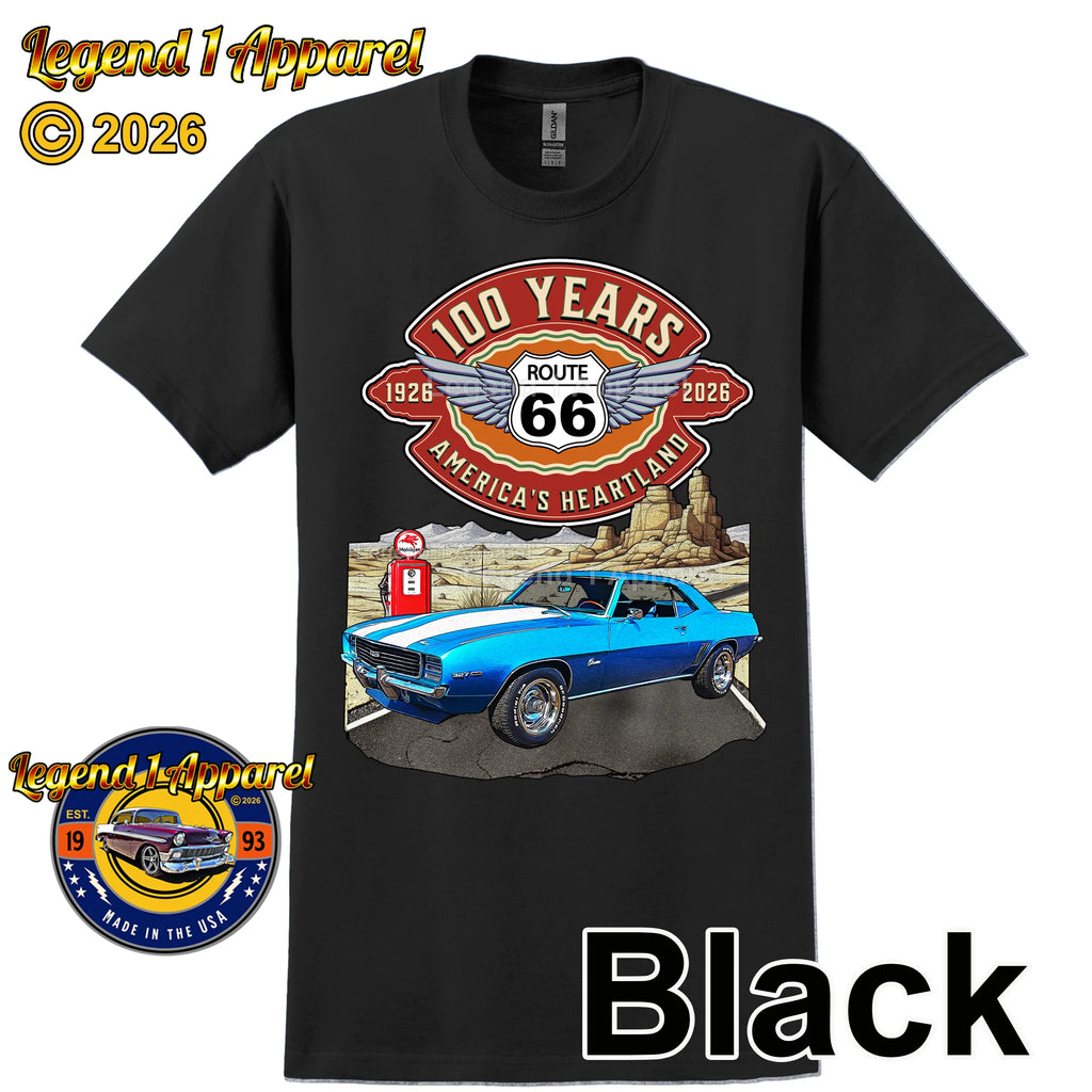 1969 Chevrolet Camaro Classic Car Graphic Tee – Route 66 100 Years T-Shirt