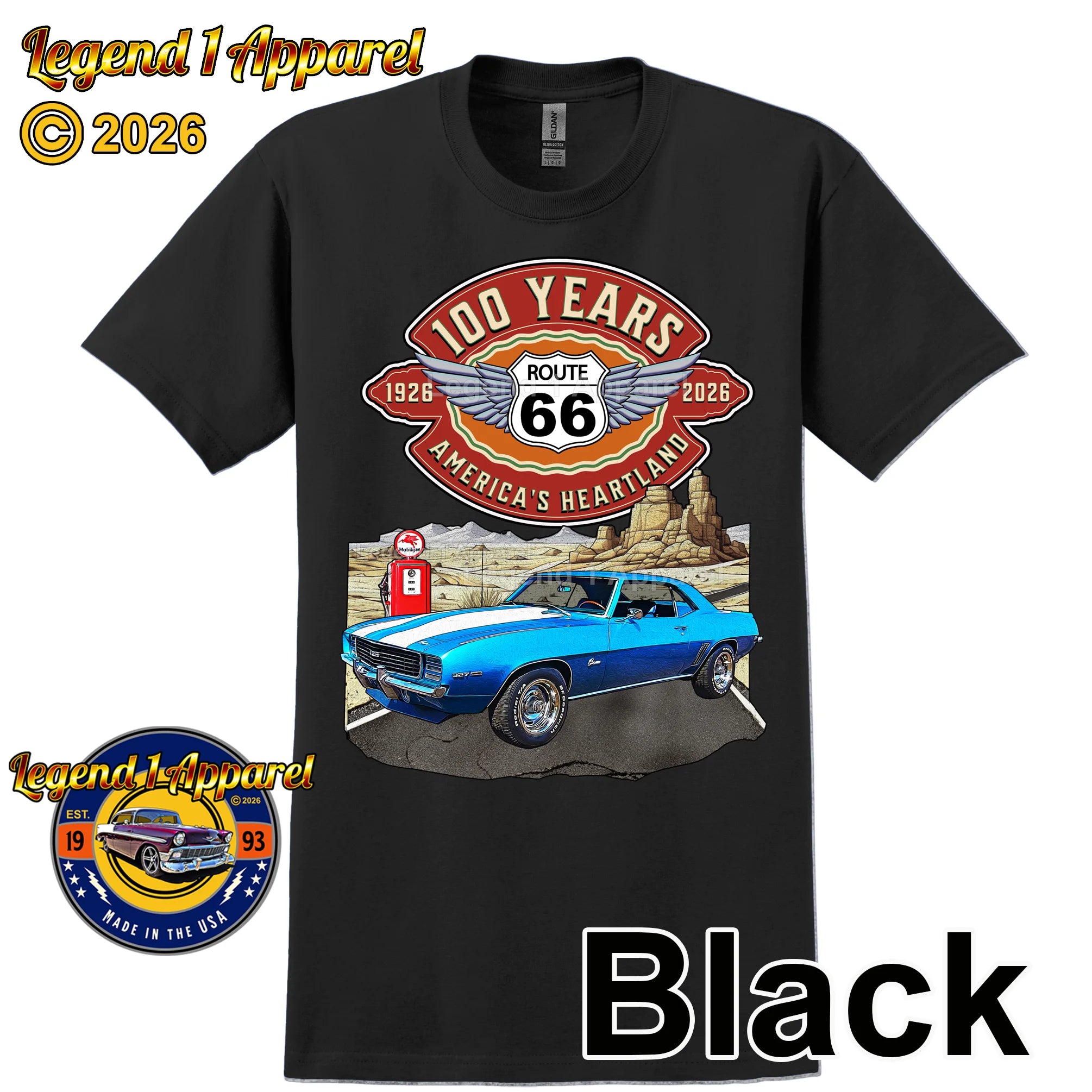 1969 Chevrolet Camaro Classic Car Graphic Tee – Route 66 100 Years T-Shirt