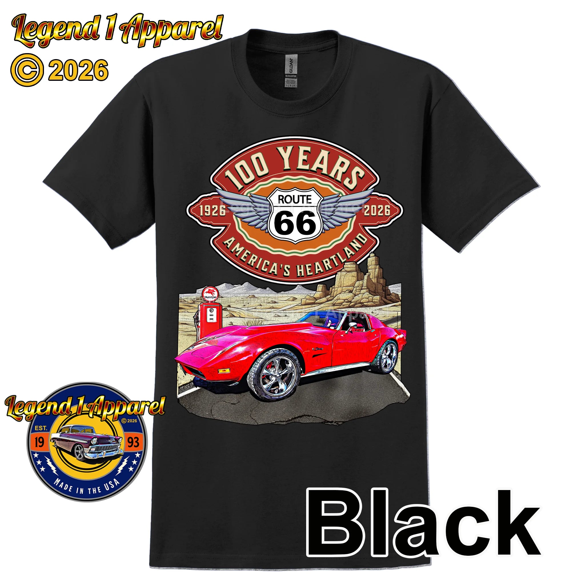1974 Chevrolet Corvette C3 Classic Car Graphic Tee – Route 66 100 Years T-Shirt