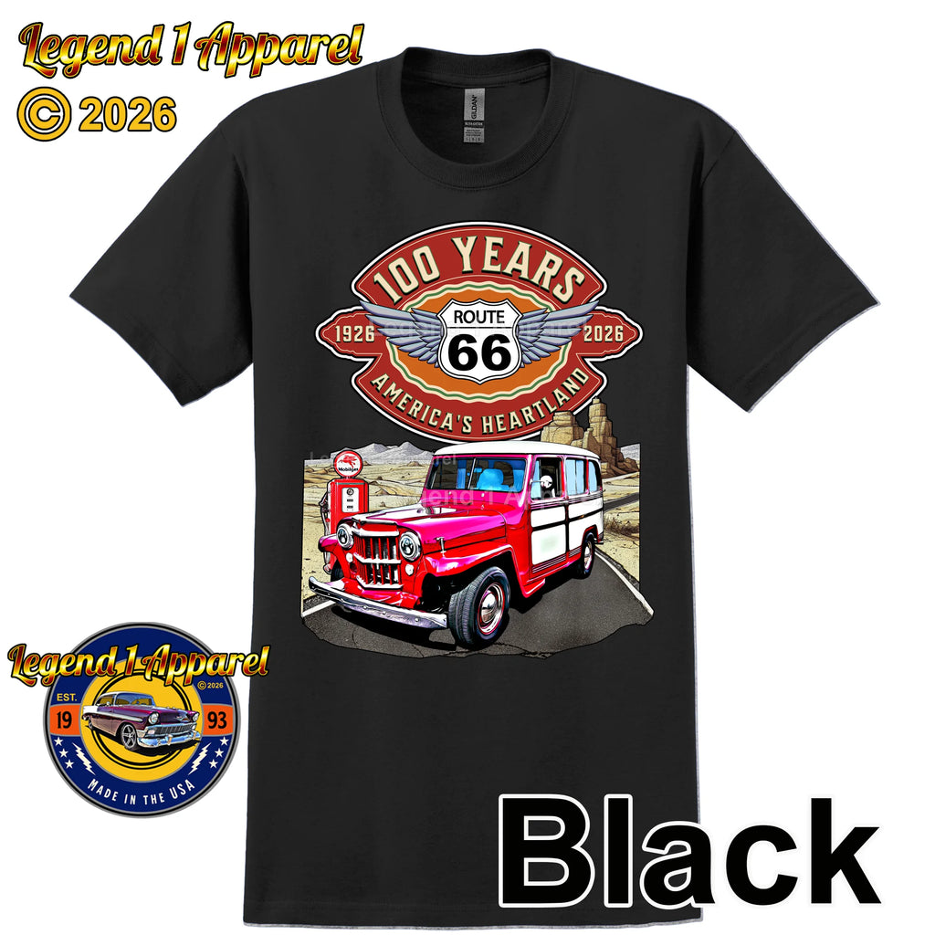 1957 Willys Wagon Classic Truck Graphic Tee – Route 66 100 Years T-Shirt