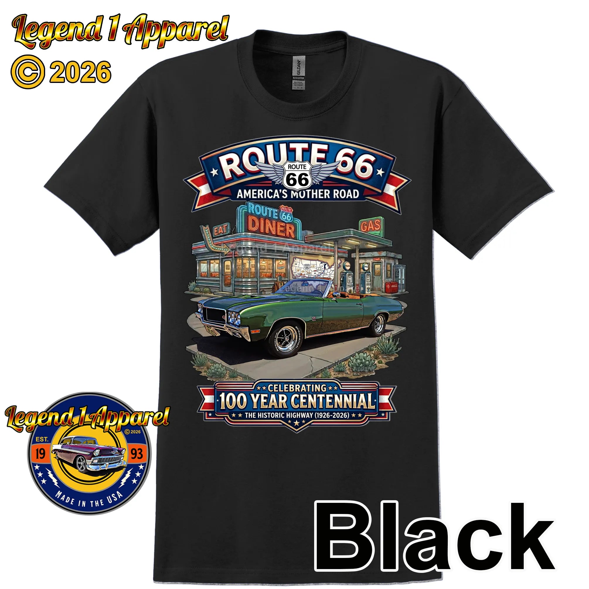 1970 Buick GS 455 Convertible Classic Car Graphic Tee – Route 66 Centennial T-Shirt