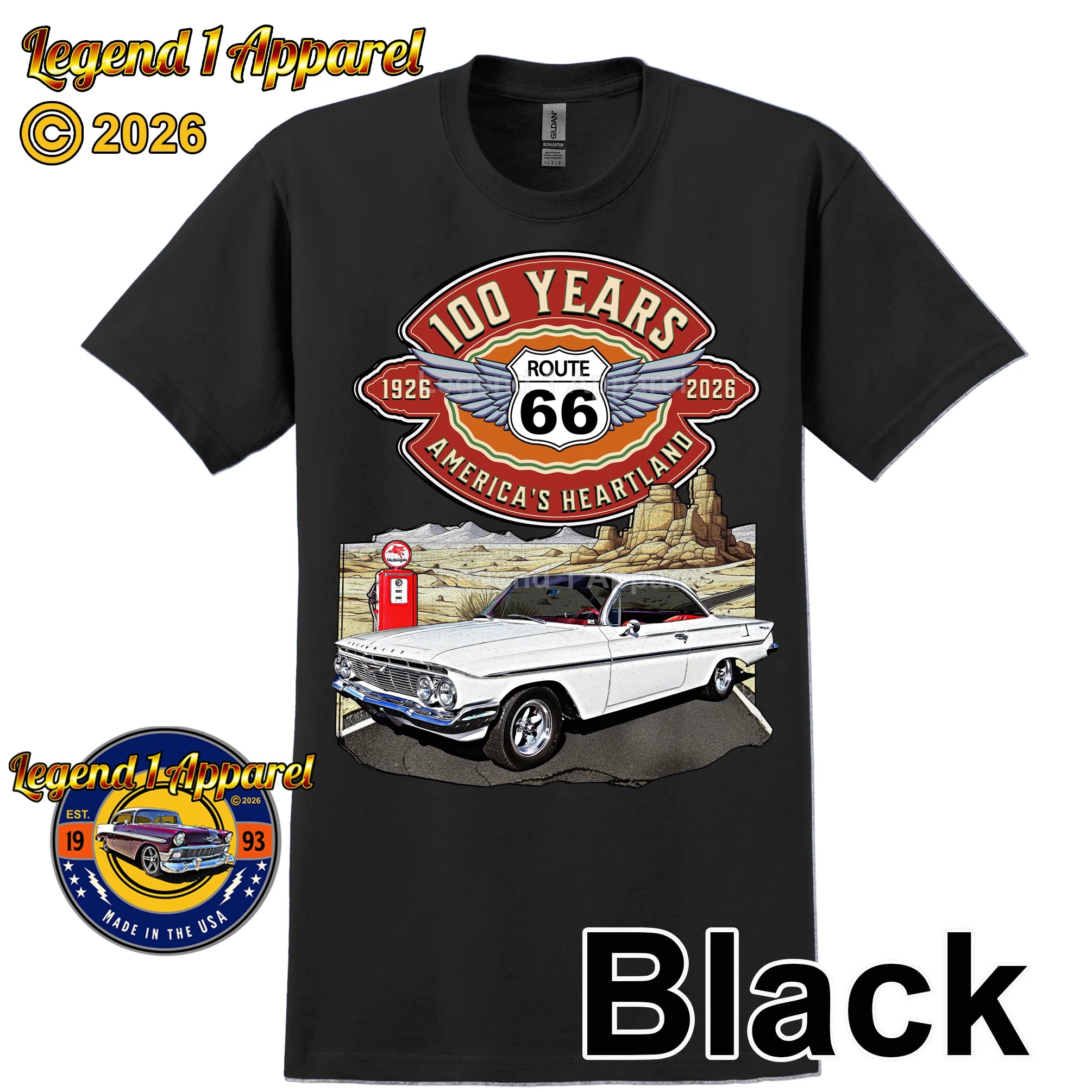1961 Chevrolet Bel Air Bubble Top Classic Car Graphic Tee – Route 66 100 Years T-Shirt