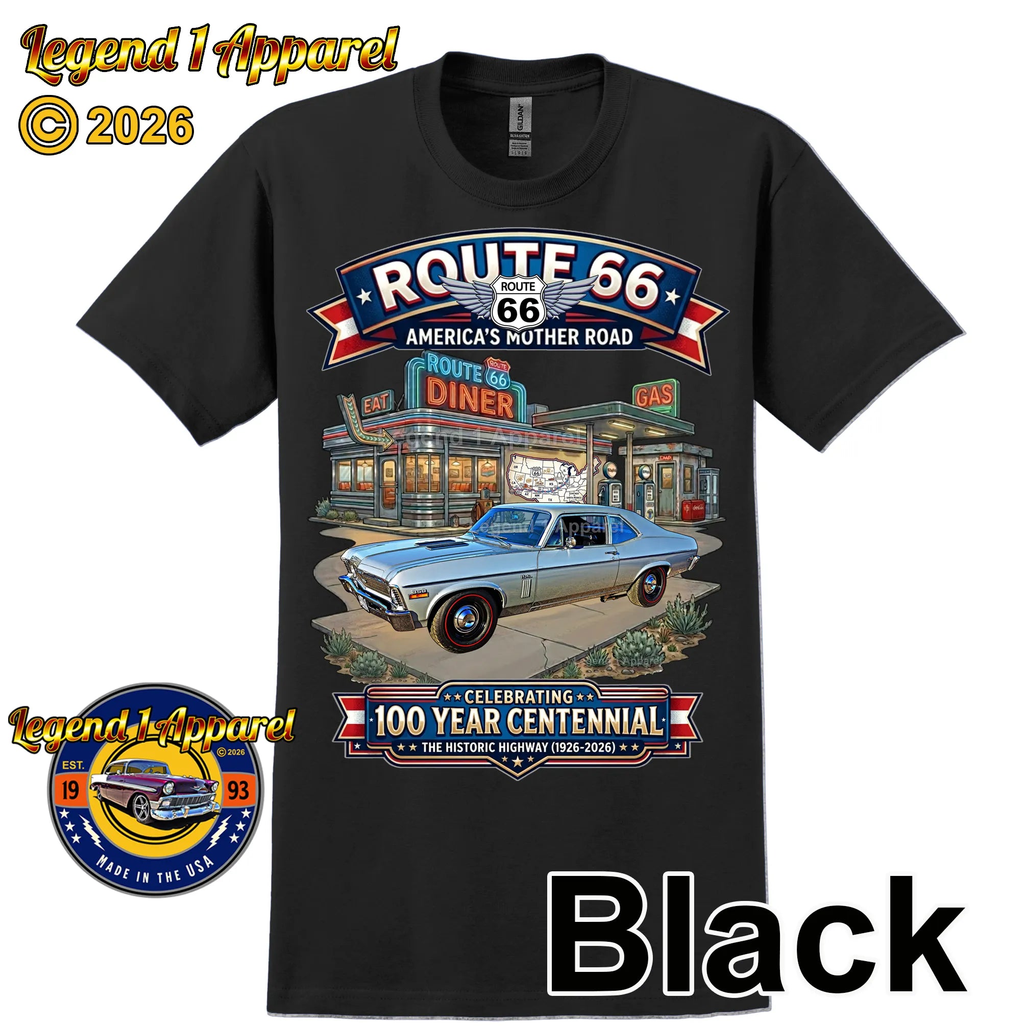 1970 Chevrolet Nova SS Classic Car Graphic Tee – Route 66 Centennial T-Shirt