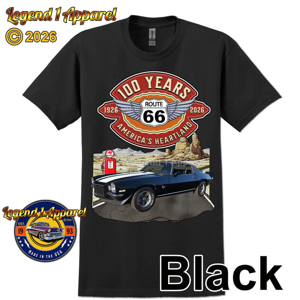 1973 Chevrolet Camaro Classic Car Graphic Tee – Route 66 100 Years T-Shirt