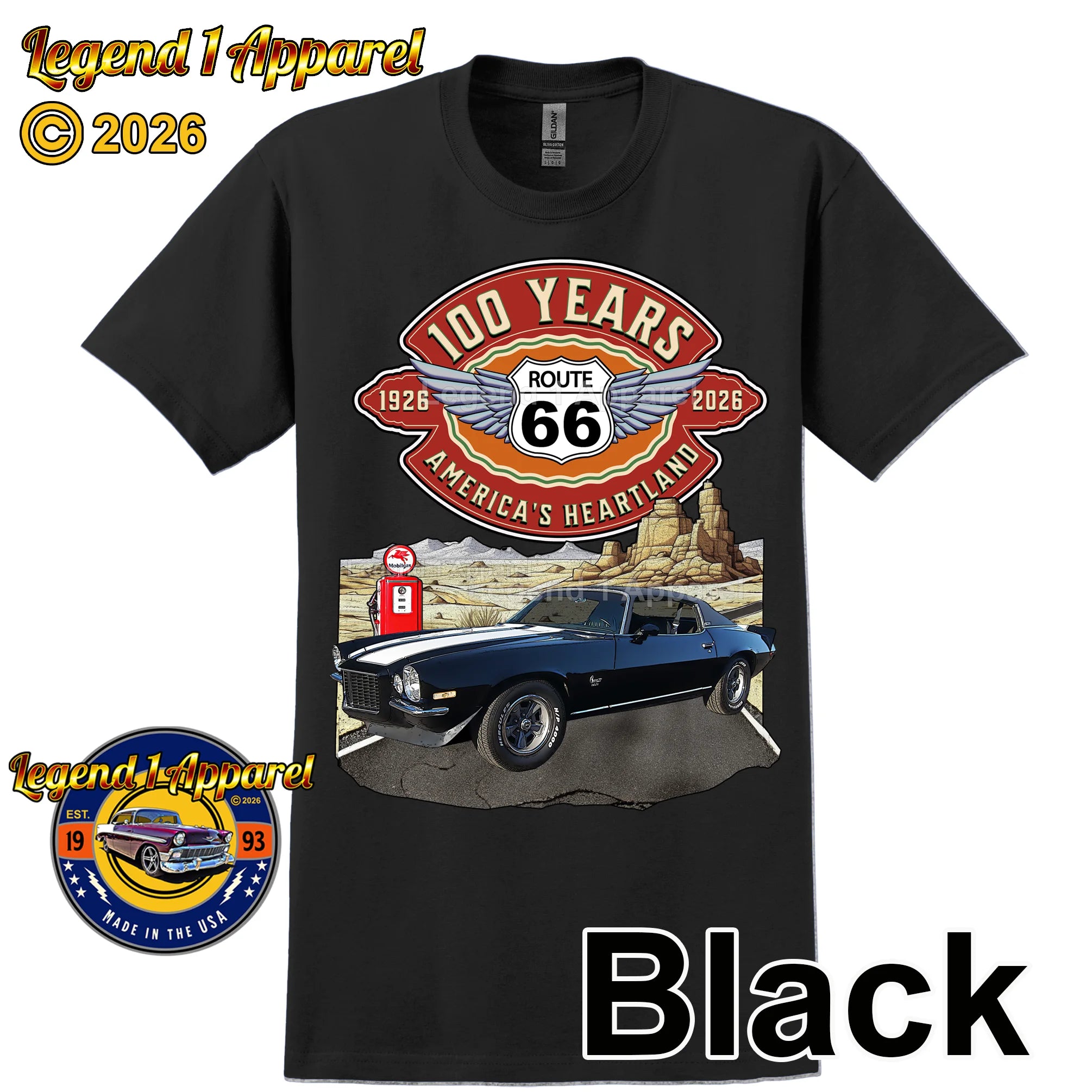 1973 Chevrolet Camaro Classic Car Graphic Tee – Route 66 100 Years T-Shirt