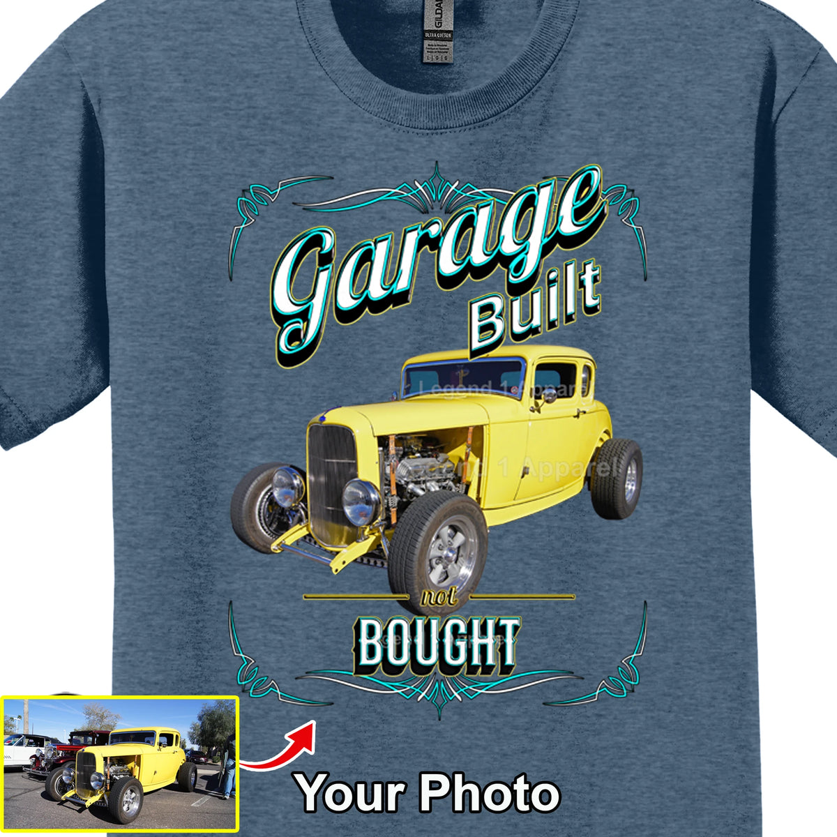 Your Classic Car or Hot Rod custom made T-shirt. Send us a picture of your car. Garage Built Not Bought
