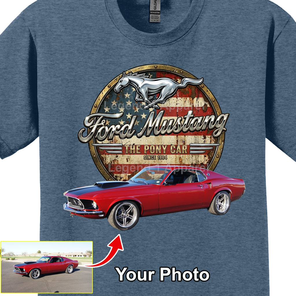 Your Classic Car or Hot Rod custom made T-shirt. Send us a picture of your car. Mustang pony car since 1964