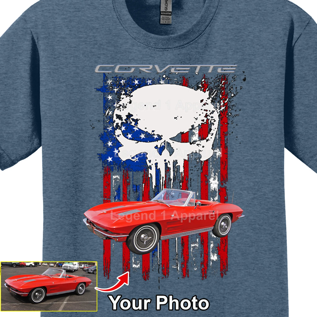 Your Classic Car or Hot Rod custom made T-shirt. Send us a picture of your car. Corvette USA Flag