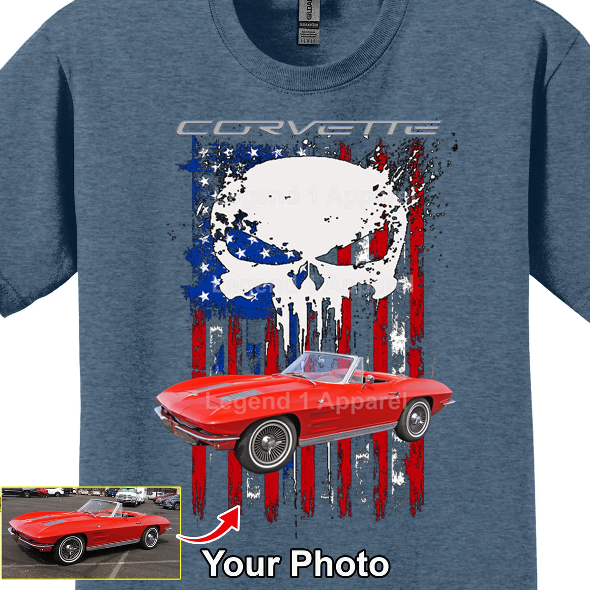 Your Classic Car or Hot Rod custom made T-shirt. Send us a picture of your car. Corvette USA Flag