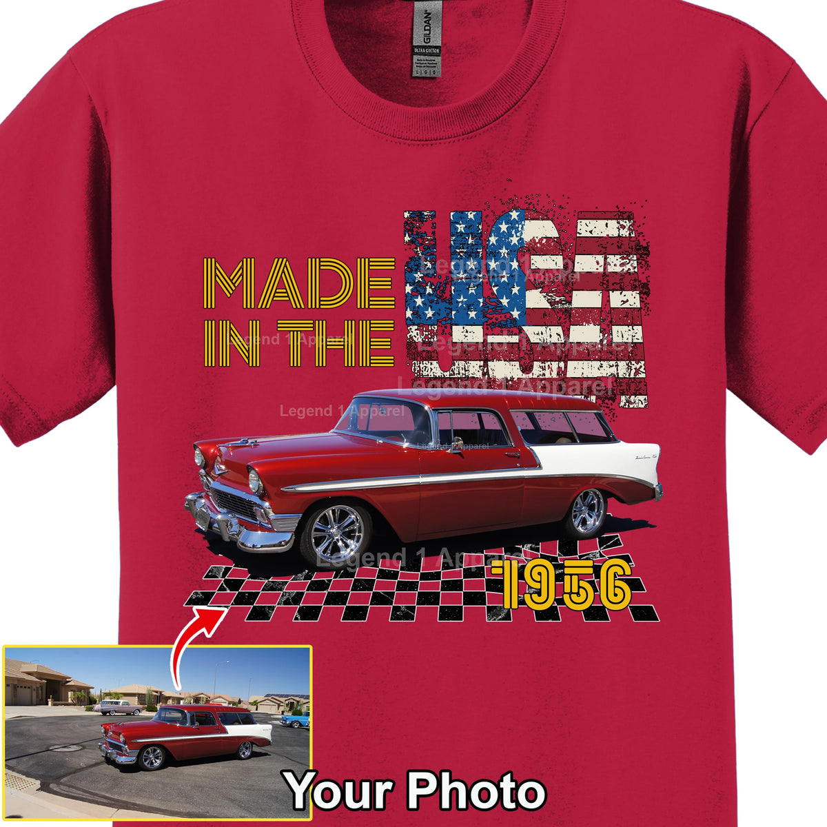 Your Classic Car or Hot Rod custom made T-shirt. Send us a picture of your car, Made In The USA