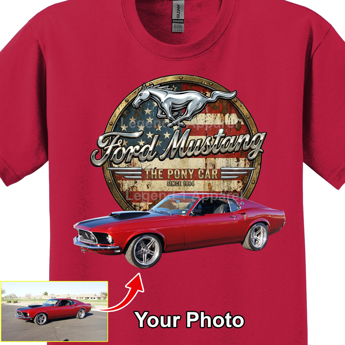 Your Classic Car or Hot Rod custom made T-shirt. Send us a picture of your car. Mustang pony car since 1964