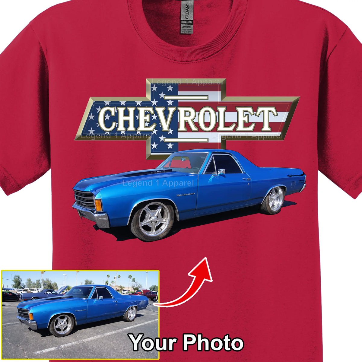 Your Classic Car or Hot Rod custom made T-shirt. Send us a picture of your car. Chevy Patriotic Bowtie