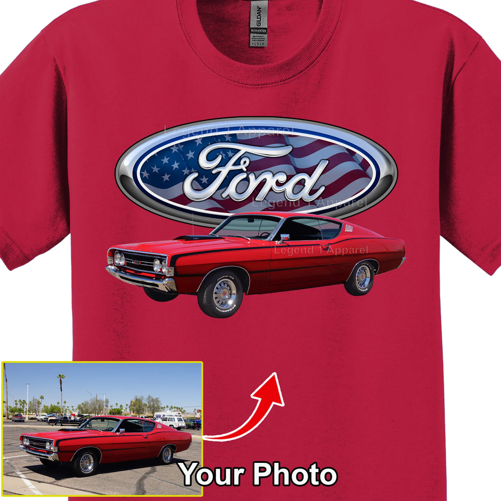 Your Classic Car or Hot Rod custom made T-shirt. Send us a picture of your car. Ford Patriotic Logo