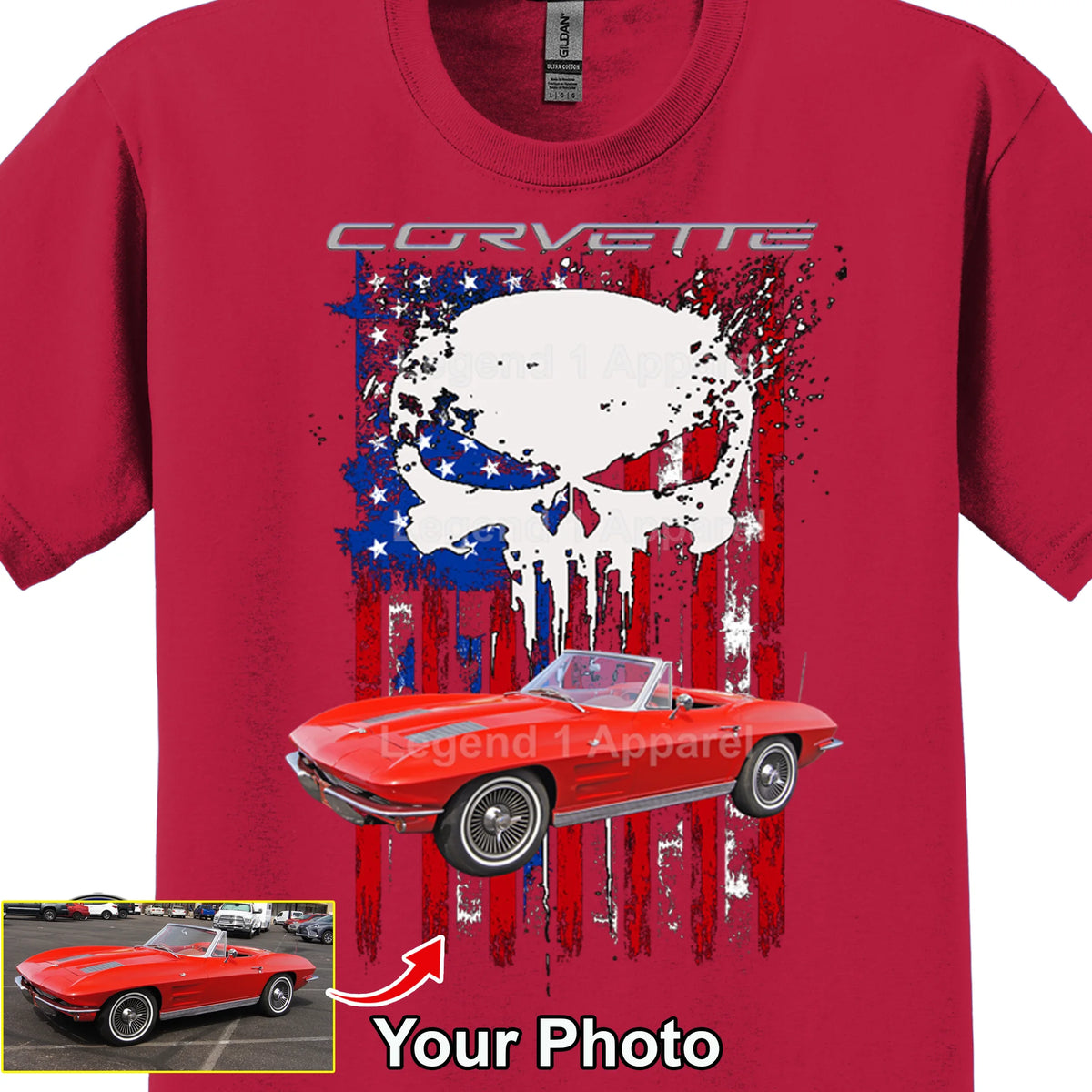 Your Classic Car or Hot Rod custom made T-shirt. Send us a picture of your car. Corvette USA Flag