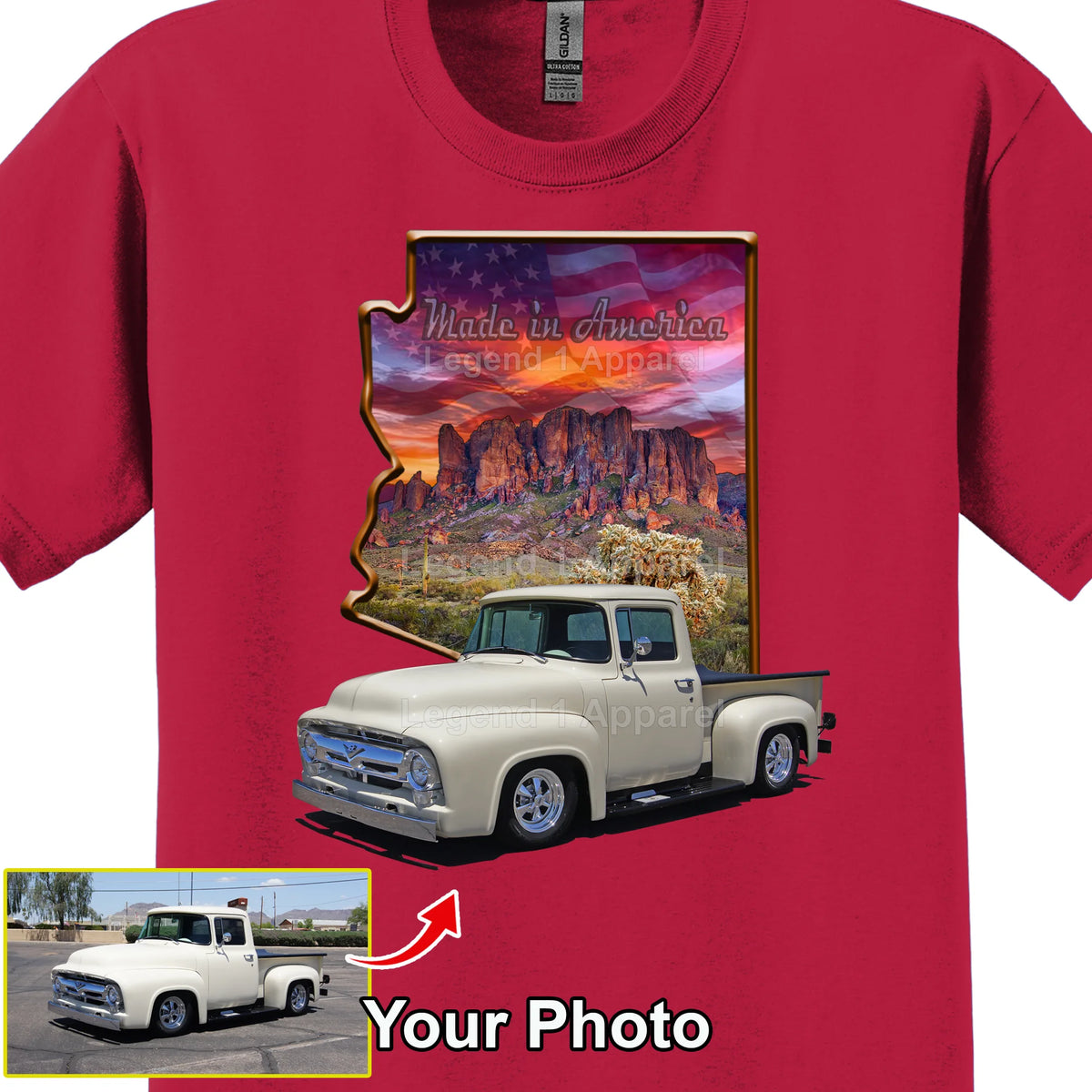 Your Classic Car or Hot Rod custom made T-shirt. Send us a picture of your car. Made in America Arizona Outline