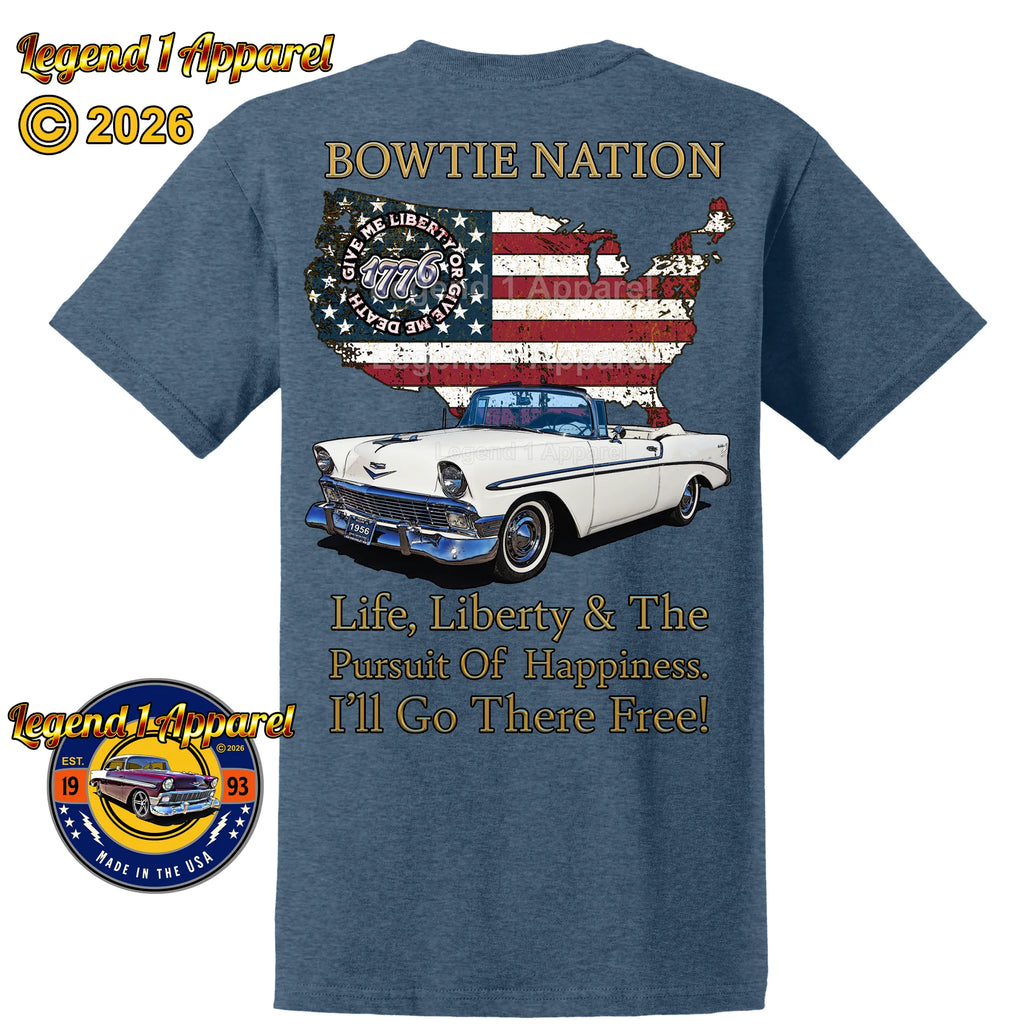 1956 Chevrolet Bel Air Convertible Bowtie Nation T-Shirt – 56 Chevy Classic Car Graphic Tee