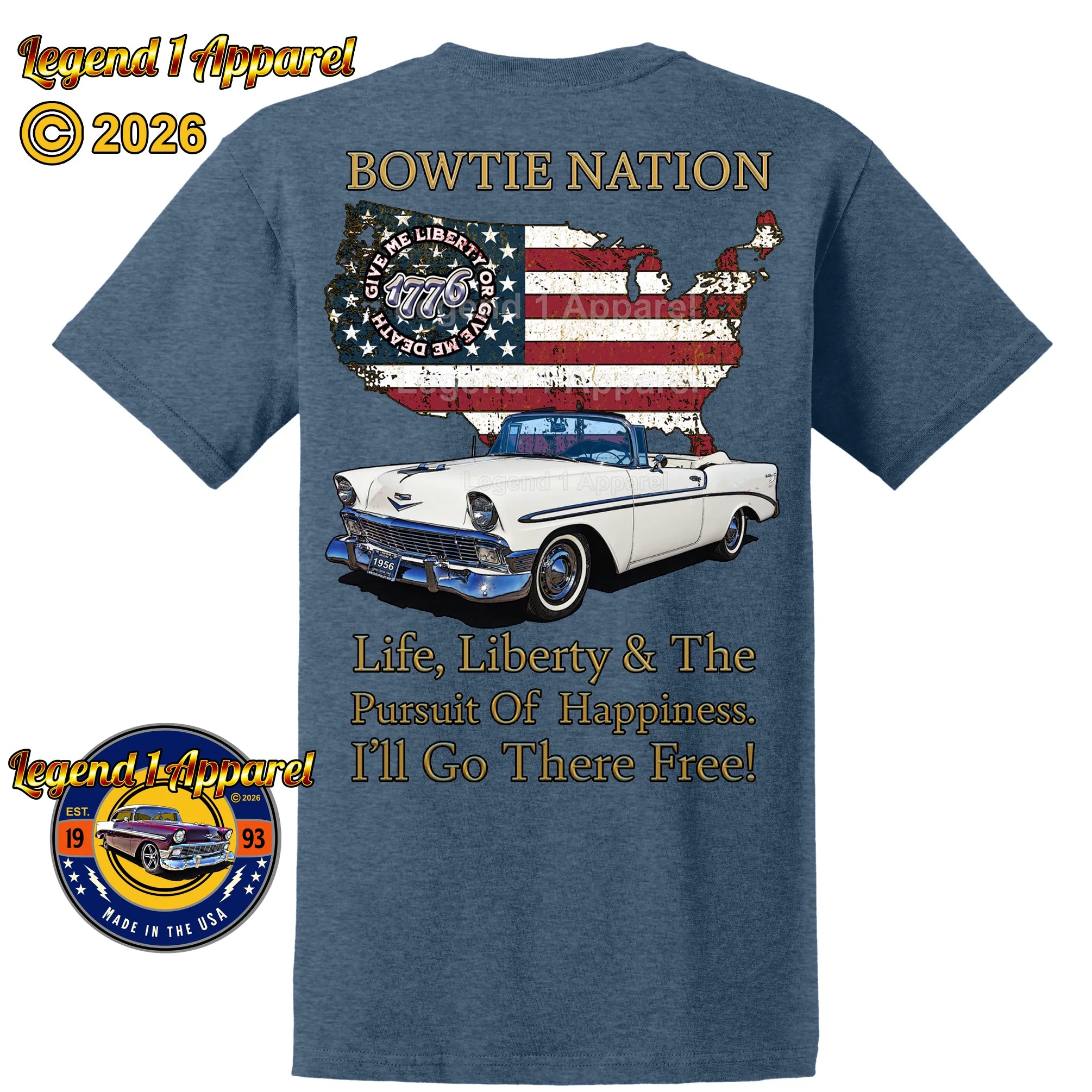 1956 Chevrolet Bel Air Convertible Bowtie Nation T-Shirt – 56 Chevy Classic Car Graphic Tee
