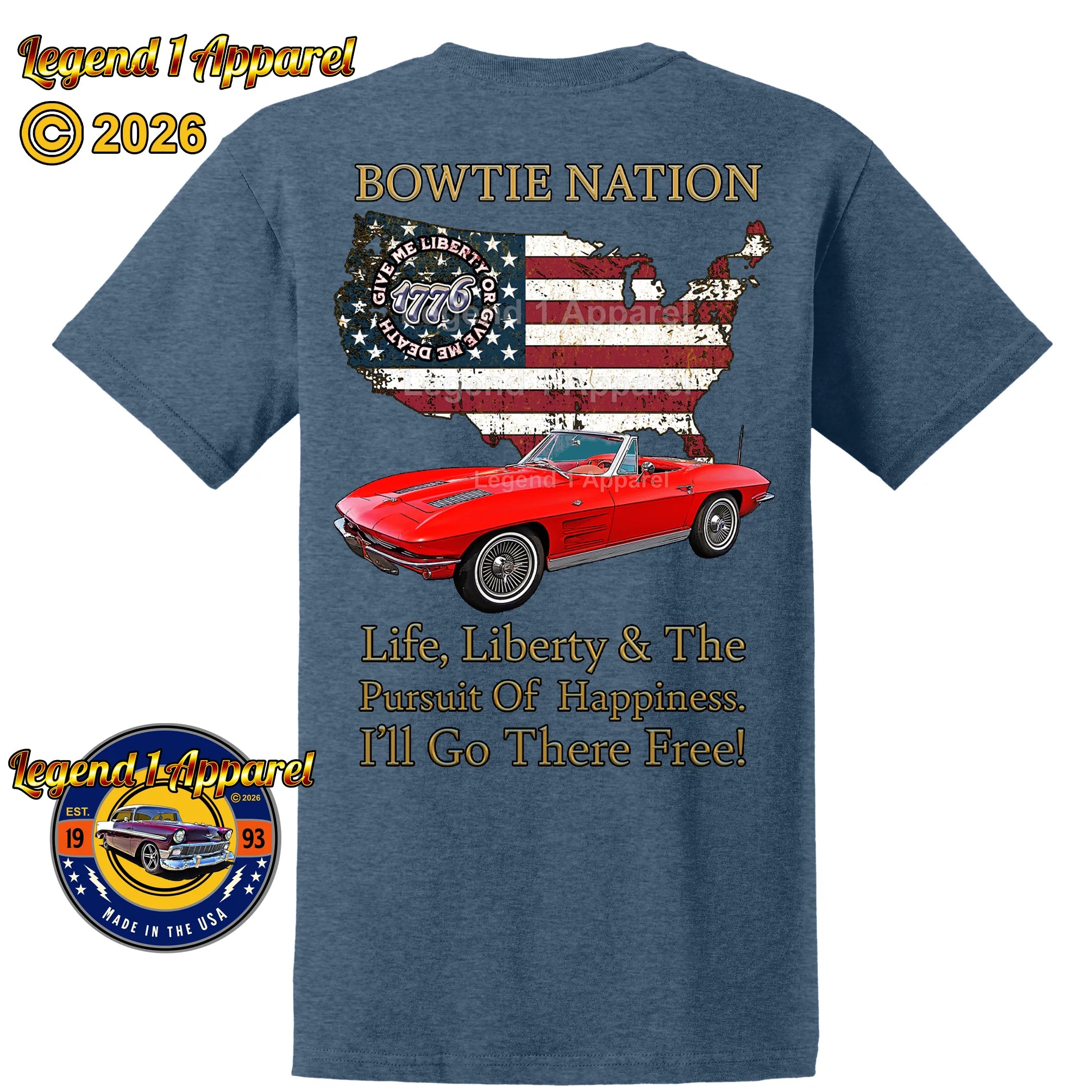 1963 Chevrolet C2 Corvette Bowtie Nation T-Shirt – 63 Chevy Classic Car Graphic Tee