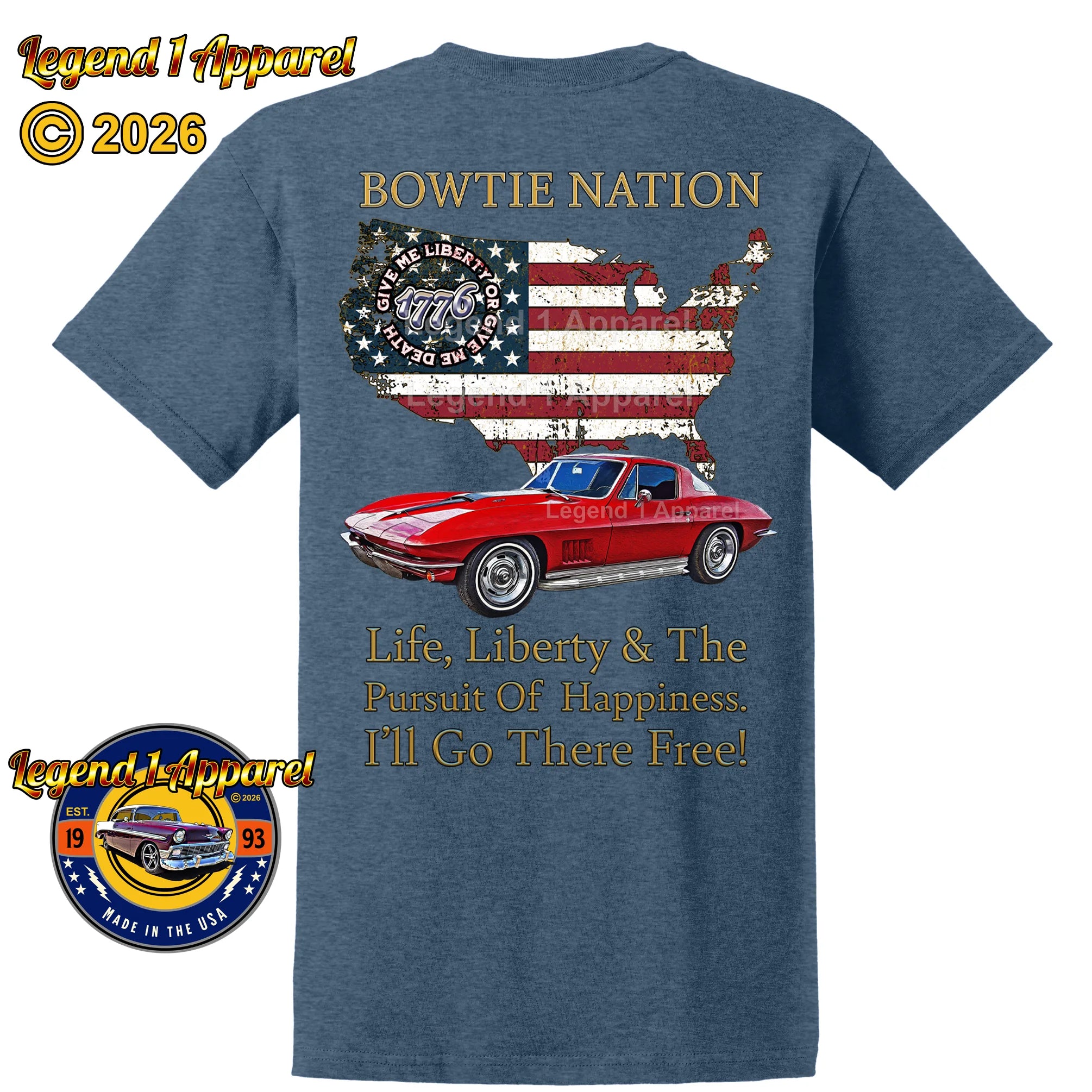 1967 Chevrolet C2 Corvette Bowtie Nation T-Shirt – 67 Chevy Classic Car Graphic Tee