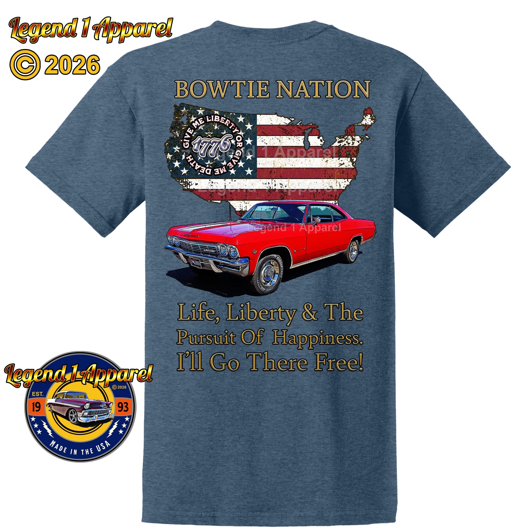 1965 Chevrolet Impala SS Bowtie Nation T-Shirt – 65 Chevy Classic Car Graphic Tee