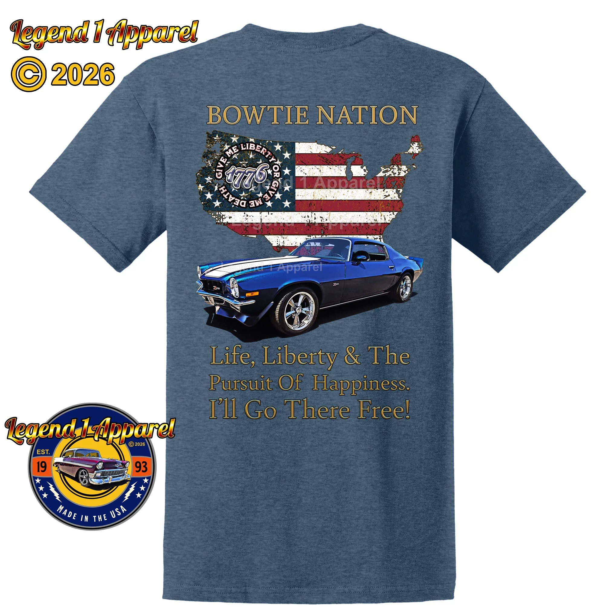 1973 Chevrolet Camaro Bowtie Nation T-Shirt – 73 Chevy Classic Car Graphic Tee