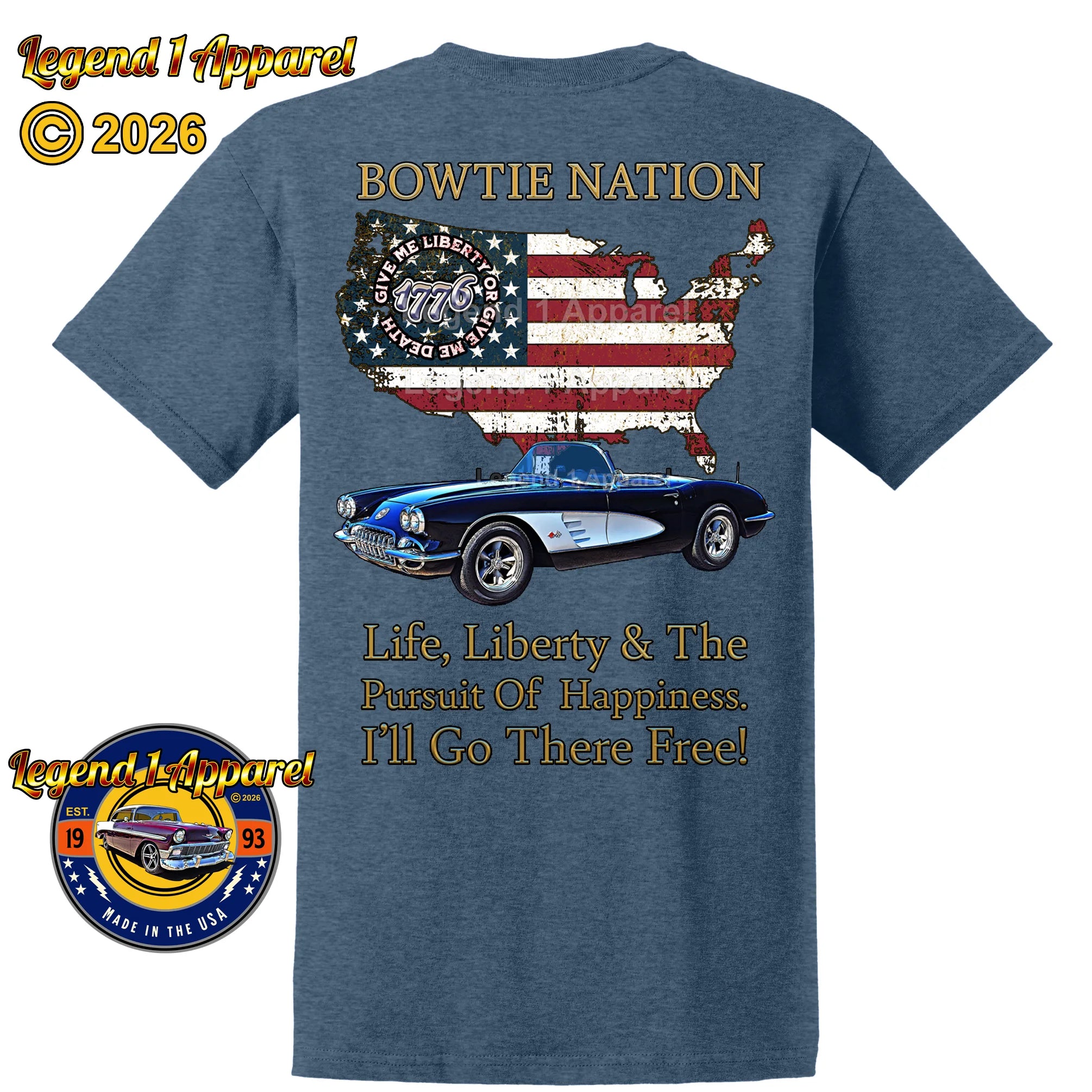 1960 Chevrolet C1 Corvette Bowtie Nation T-Shirt – 60 Chevy Classic Car Graphic Tee