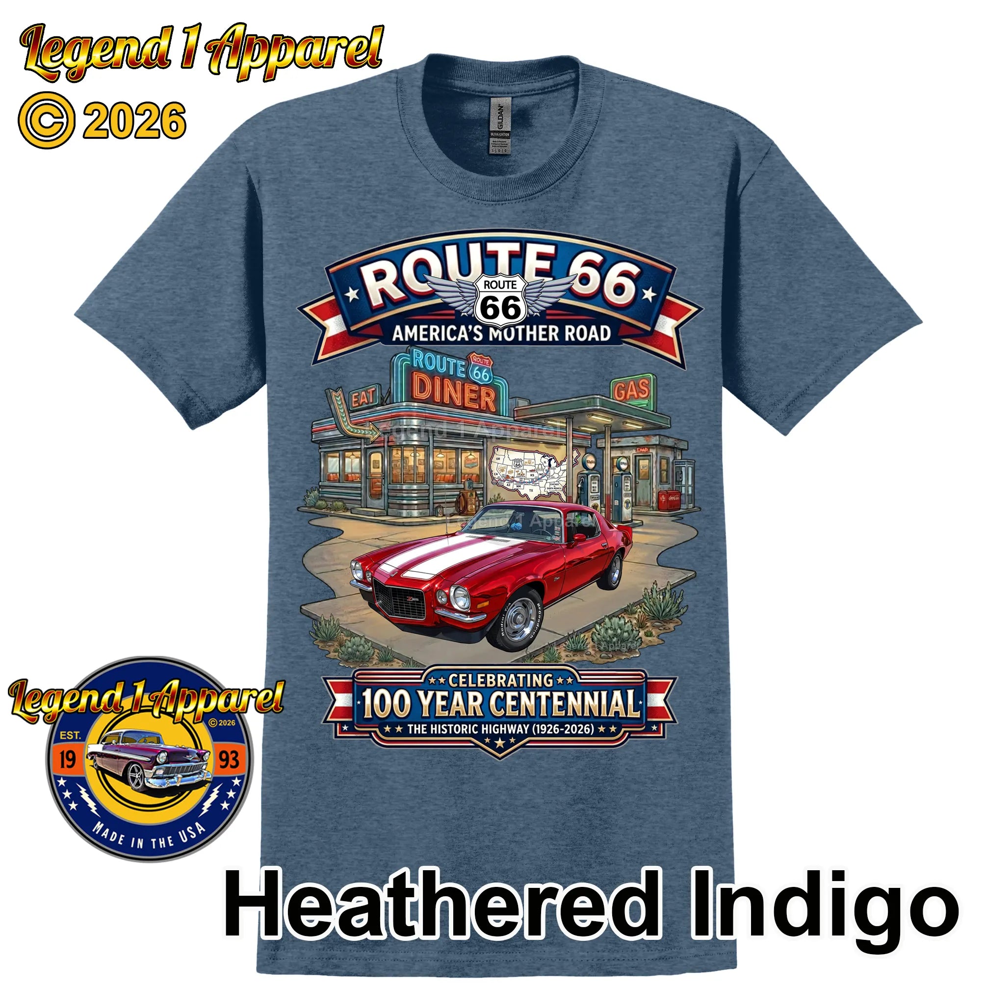 1970 Chevrolet Camaro Classic Car Graphic Tee – Route 66 Centennial T-Shirt