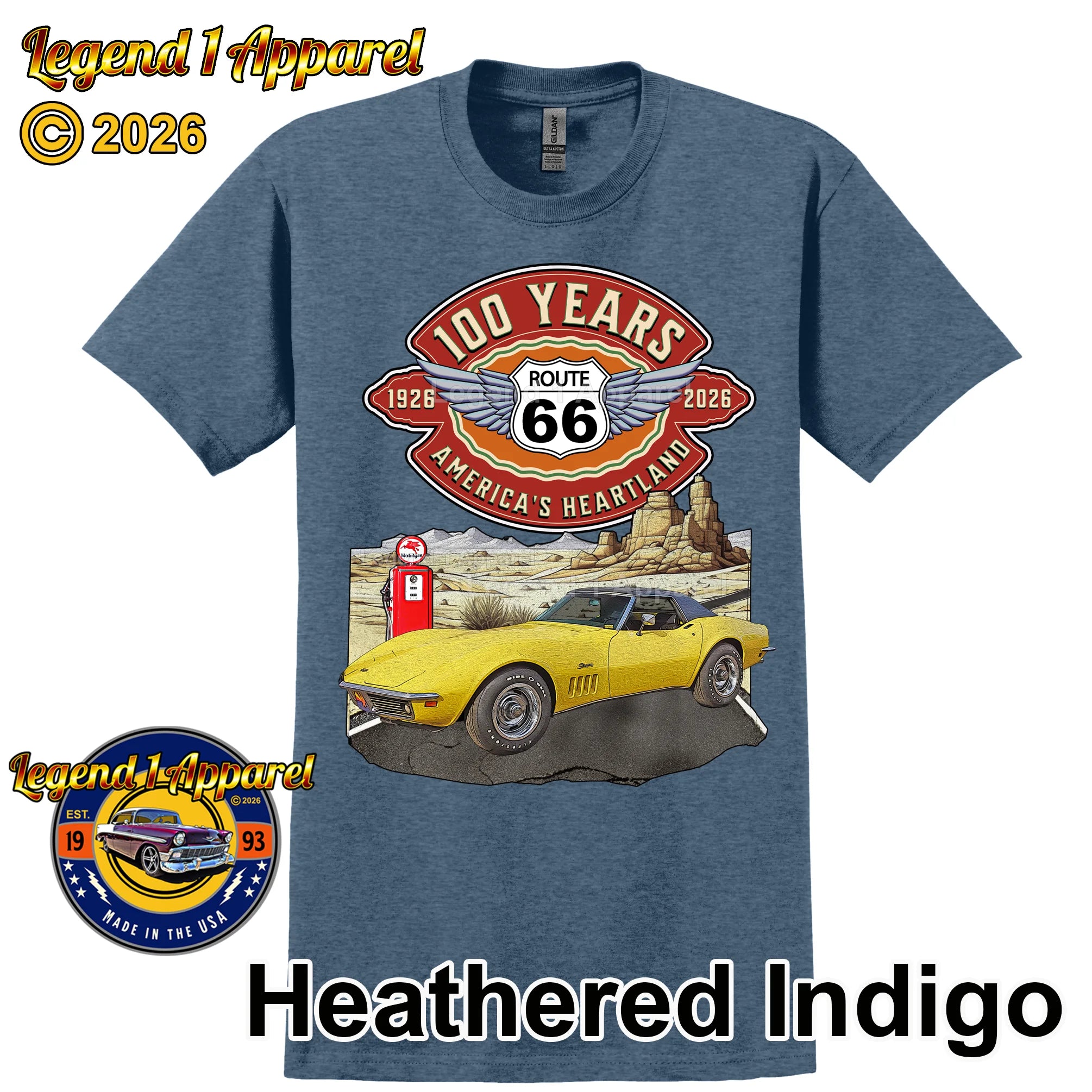 1969 Chevrolet Corvette C3 Classic Car Graphic Tee – Route 66 100 Years T-Shirt
