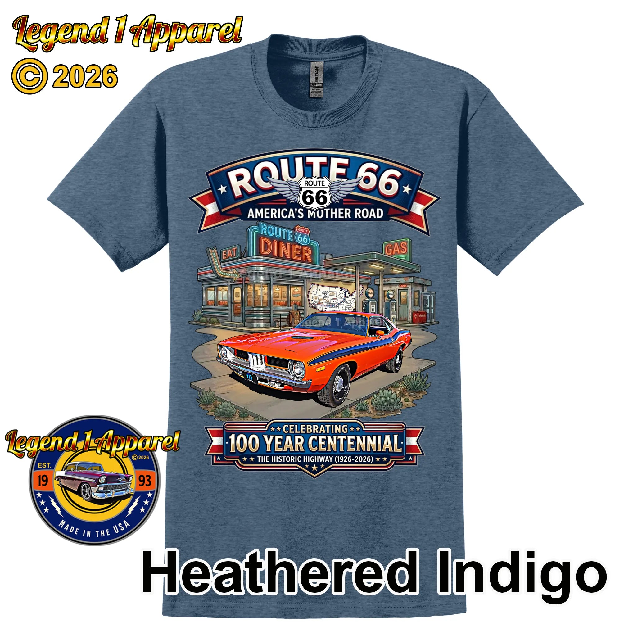 1972 Plymouth Cuda Classic Car Graphic Tee – Route 66 Centennial T-Shirt