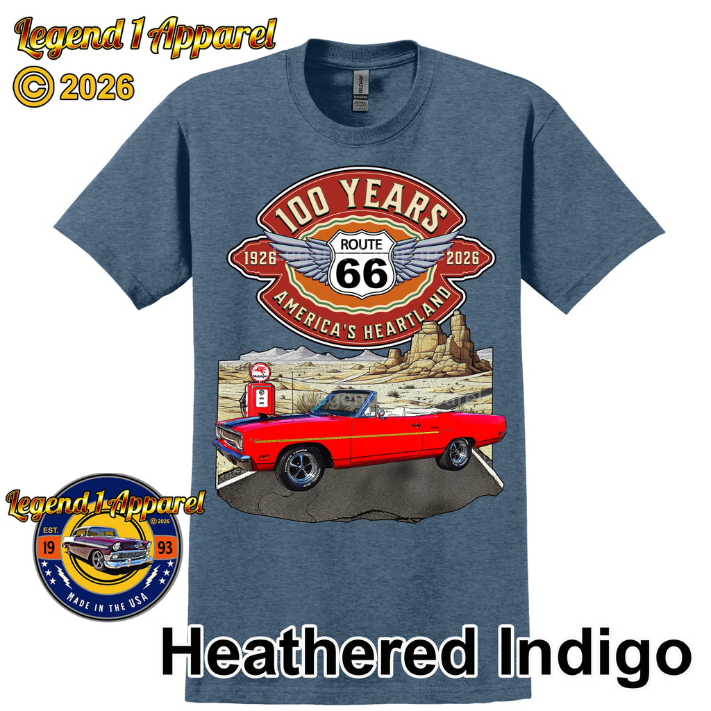 1970 Plymouth RoadRunner Classic Car Graphic Tee – Route 66 100 Years T-Shirt
